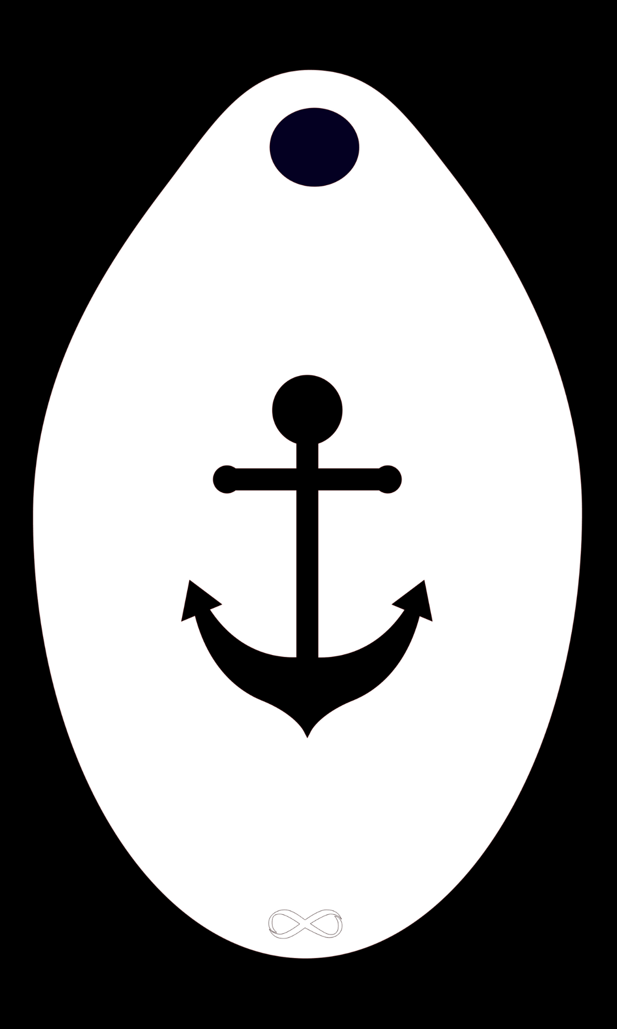 The Anchor Infini Stencil Body Art by Infinity Faces is a white reusable stencil with a convex shape. It features a black circle at the top center, an anchor symbol in the middle, and a small infinity symbol at the bottom, perfect for face painting on its black background.