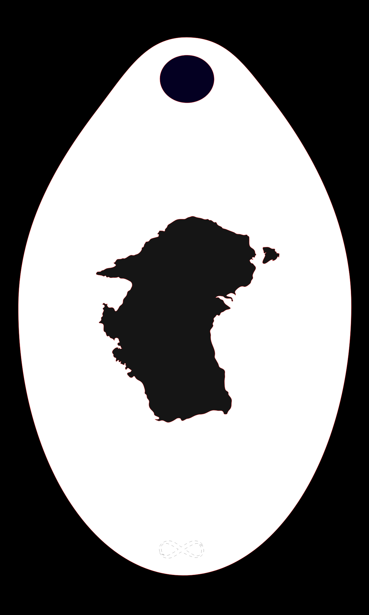 The Australia Stencil Body Art by Infinity Faces showcases a black silhouette of Guadalcanal in the center of an oval white PET background, ideal for face painting or creative projects. It includes a small, dark circular area with a pointed tip at the top.