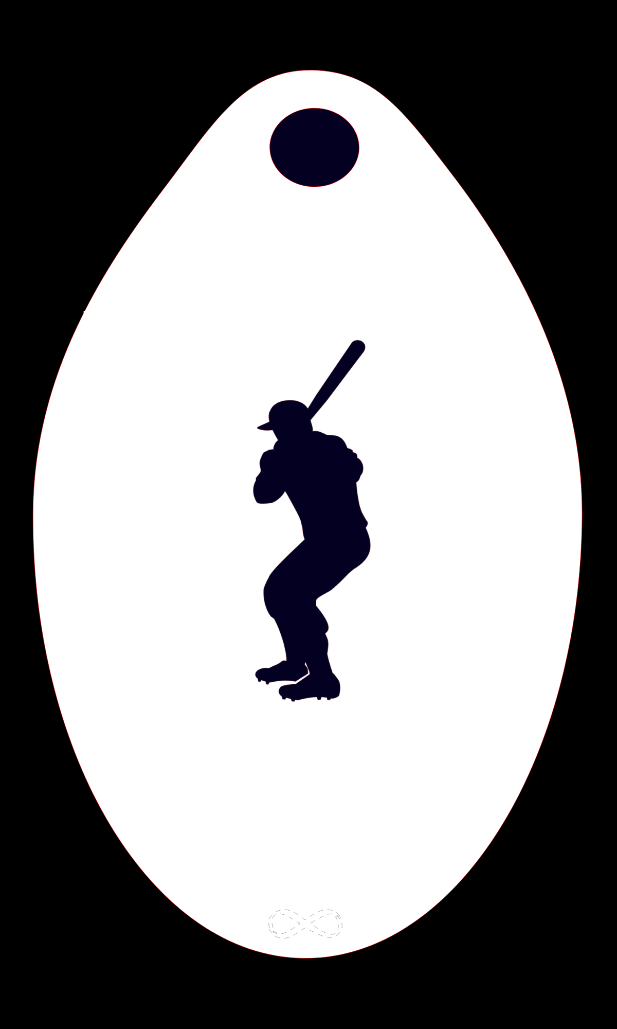 The Baseball Player Infini Stencil Body Art by Infinity Faces features a silhouette of a person in a batting stance with a baseball bat, crafted from sturdy bendable plastic. The figure is centrally placed on an oval, white reusable stencil background.