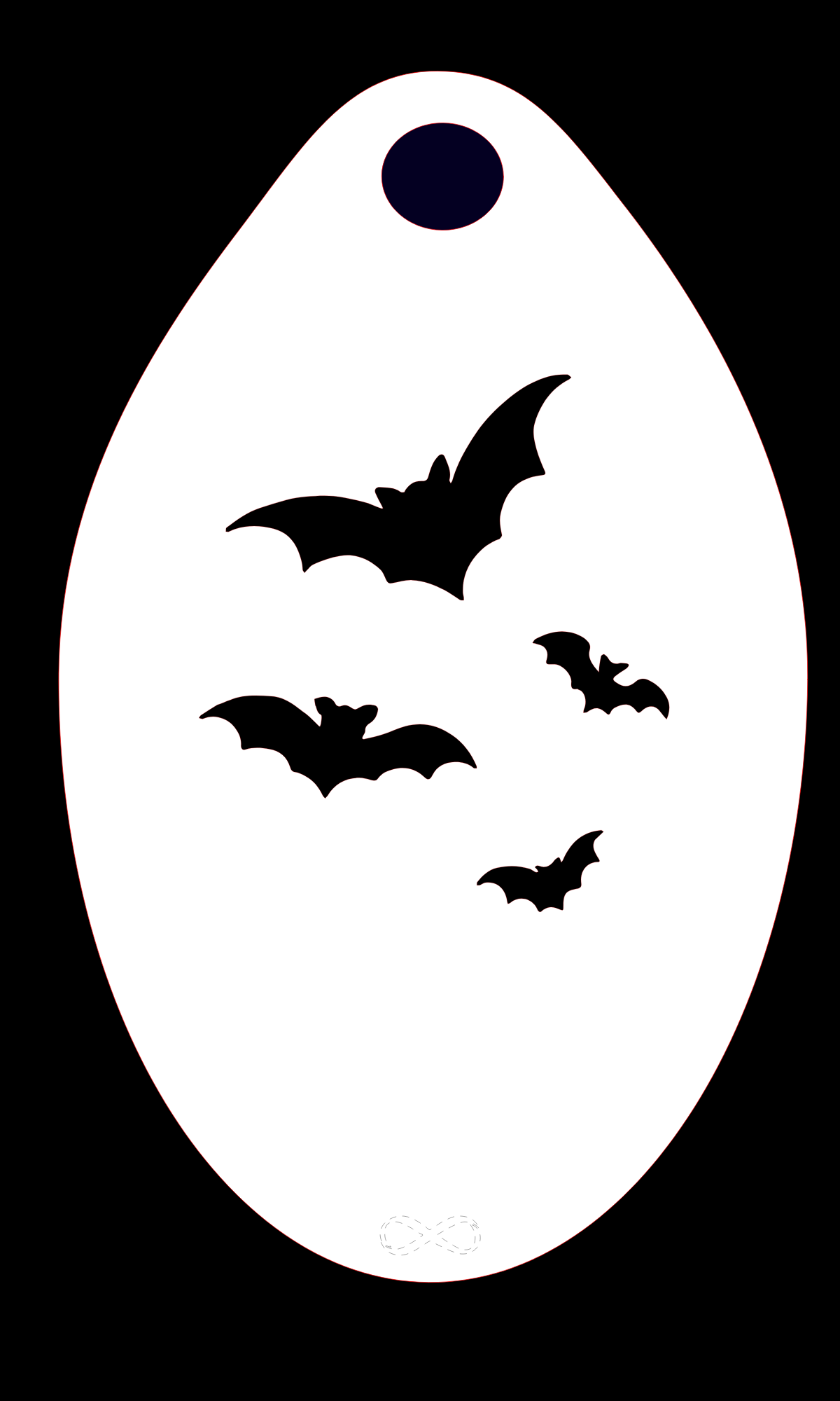 The Bats Infini Stencil Body Art by Infinity Faces features a white egg-shaped design made of flexible plastic, with four black bat silhouettes in various sizes. A small black circle is at the top, all on a striking black background.