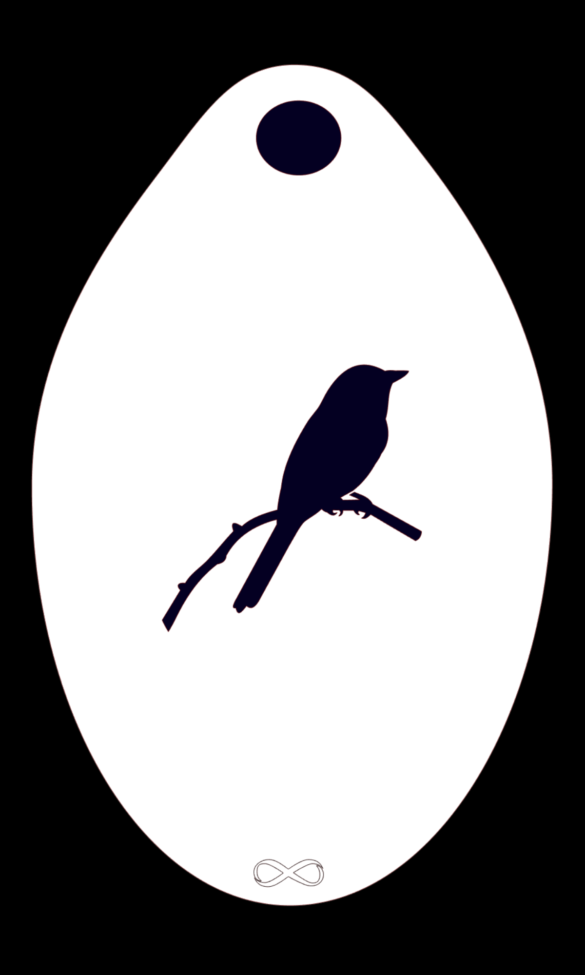 The Bird Infini Stencil Body Art by Infinity Faces features a bird silhouette on a branch within an oval, accented by a circle above and an infinity symbol below. Designed for reusable face painting, it has a black backdrop with a white oval and dark bird, crafted from PET material.