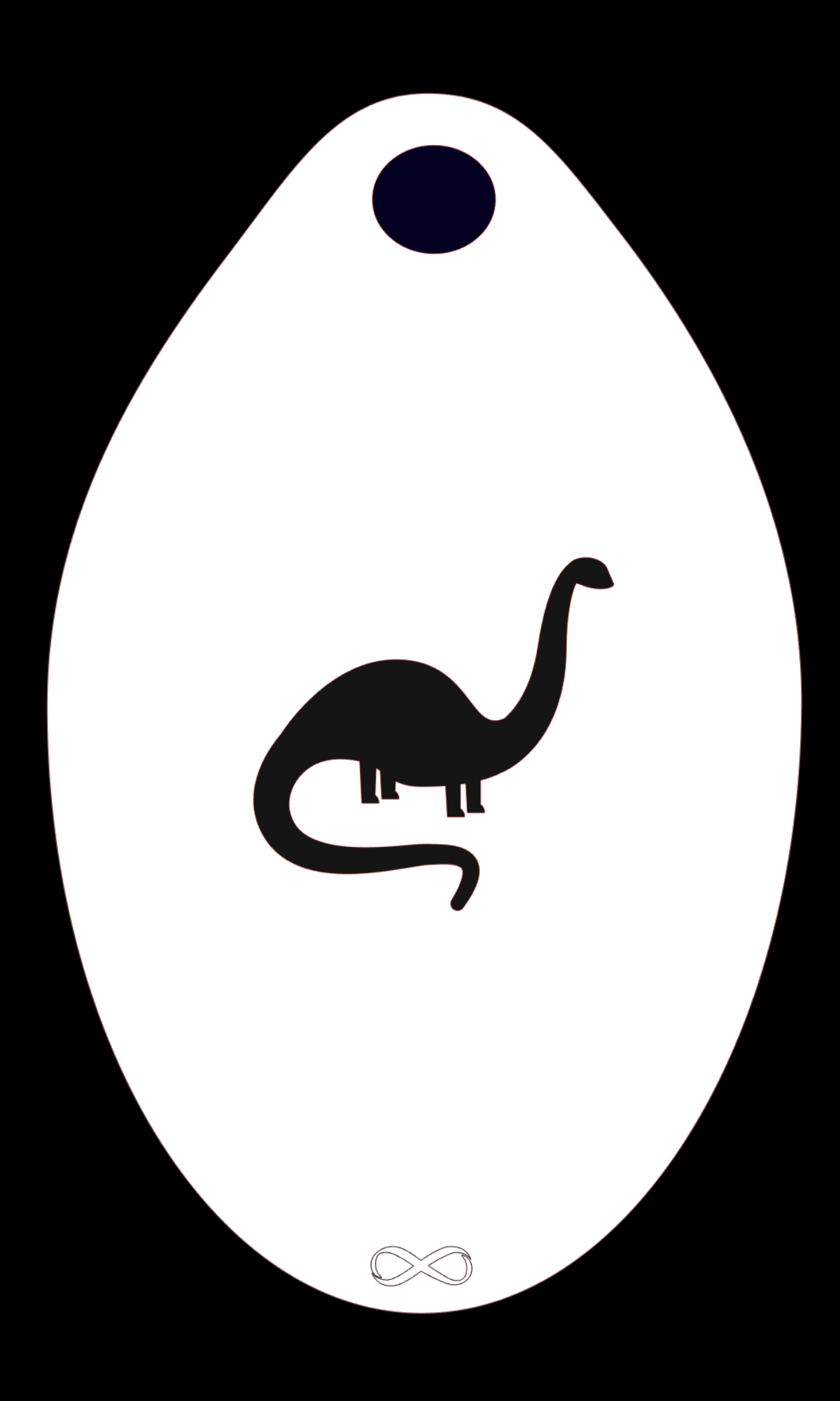 The Brontosaurus Stencil Body Art by Infinity Faces features a black silhouette of a long-necked dinosaur on a white egg-shaped background with a dark oval spot, perfect as a reusable stencil for creative face painting.