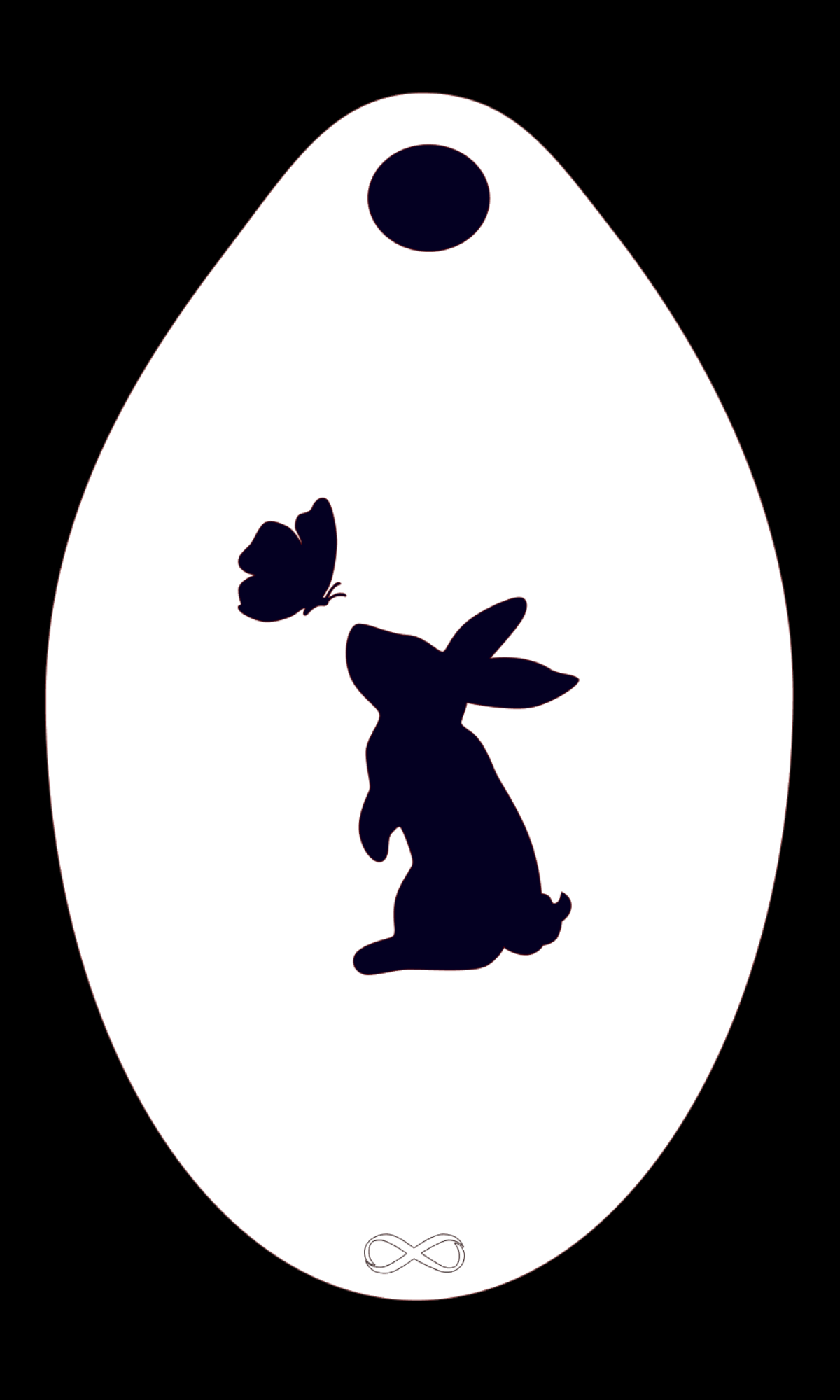 The Bunny & Butterfly Stencil Body Art by Infinity Faces features a silhouette of a rabbit touching noses with a butterfly. Its ideal for charming face painting, set on an oval white background with an infinity symbol below.