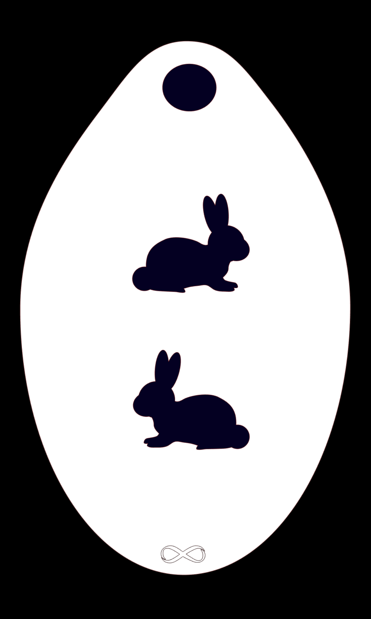 The Bunnies 2 Stencil Body Art by Infinity Faces features two rabbits on a white, egg-shaped PET background. The design includes a small black circle at the top and an infinity symbol at the bottom, making it perfect for face painting designs.