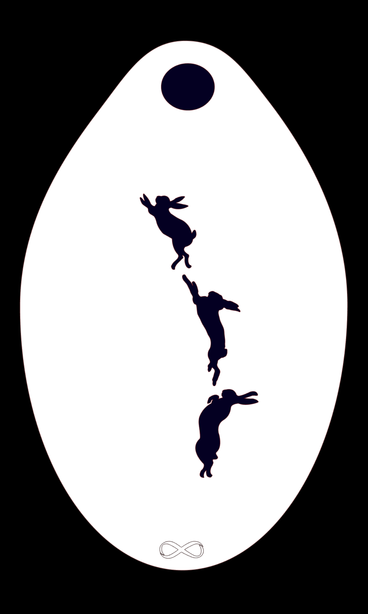 The Bunnies 3 Stencil Body Art by Infinity Faces features three rabbit silhouettes leaping vertically on a white reusable stencil egg, with a small black circle on top and an infinity symbol at the bottom.