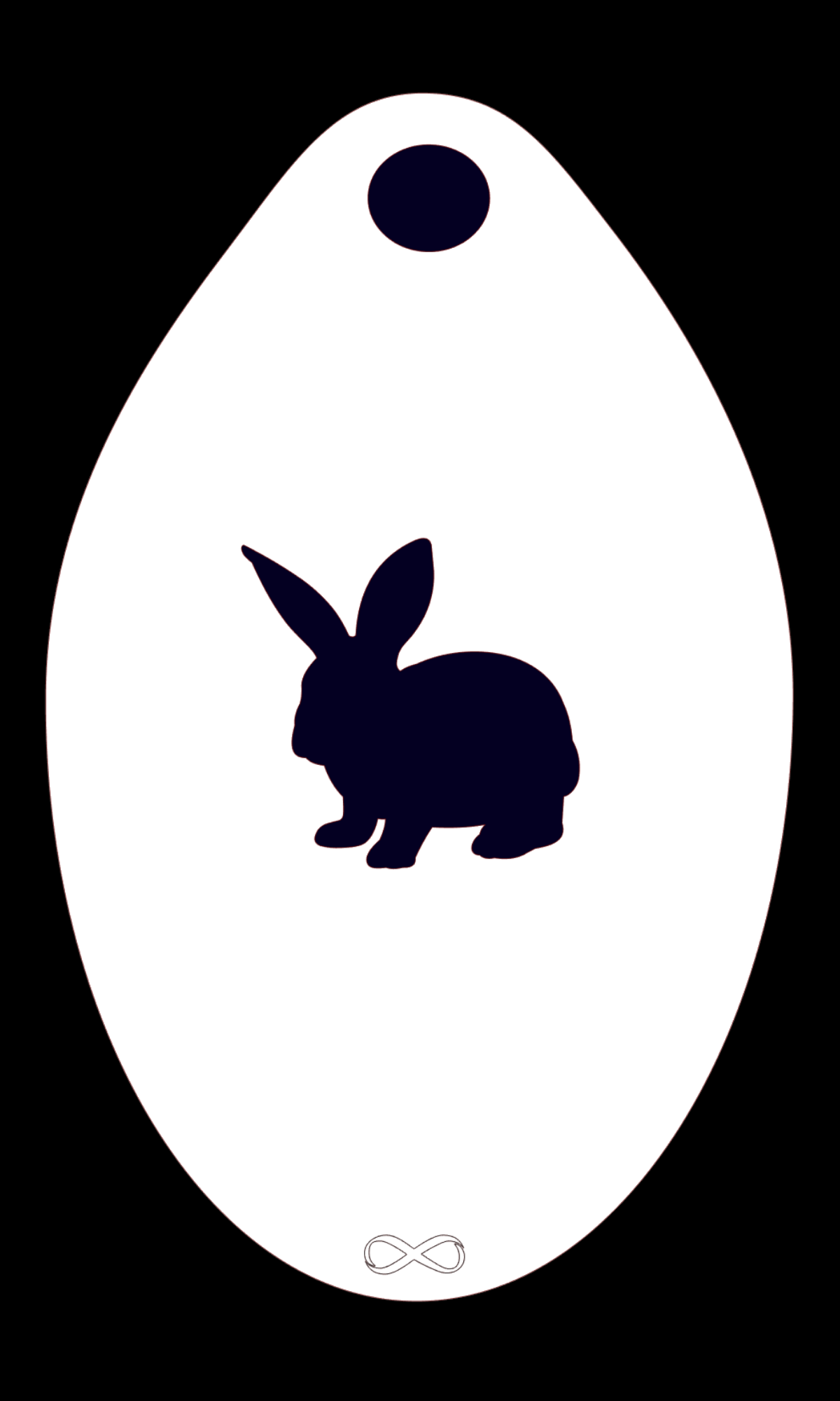 The Bunny Stencil Body Art by Infinity Faces features a white, teardrop-shaped PET material with a dark rabbit silhouette at the center. A small dark circle and an infinity symbol are displayed above and below, respectively, on its reusable black background, ideal for face painting.