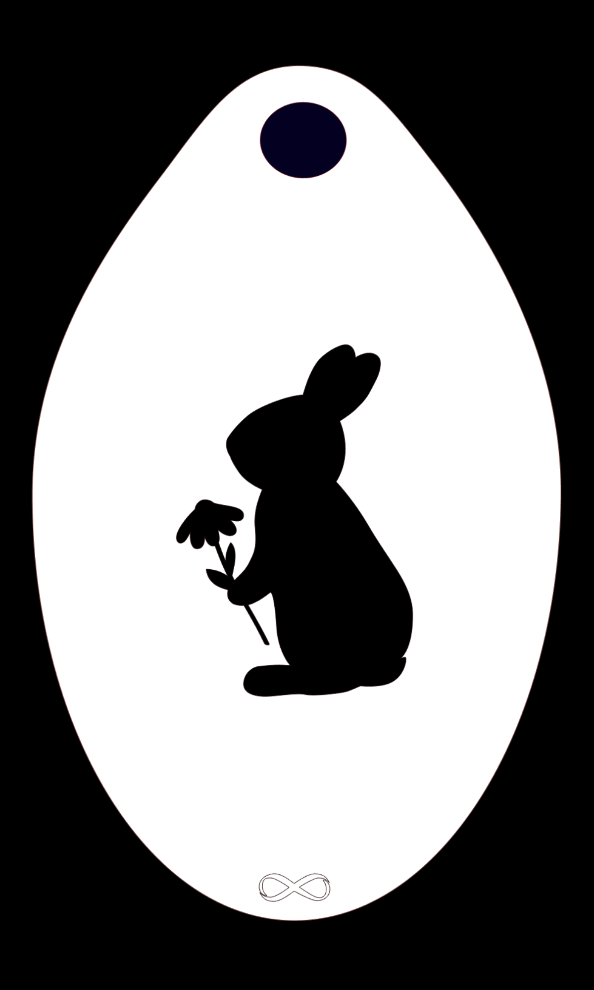 The Bunny with Flower Stencil Body Art by Infinity Faces features a rabbit holding a flower within an oval, topped by a small circle. An infinity symbol graces the bottom. Made from white reusable stencil material, its ideal for face painting over its contrasting black backdrop.