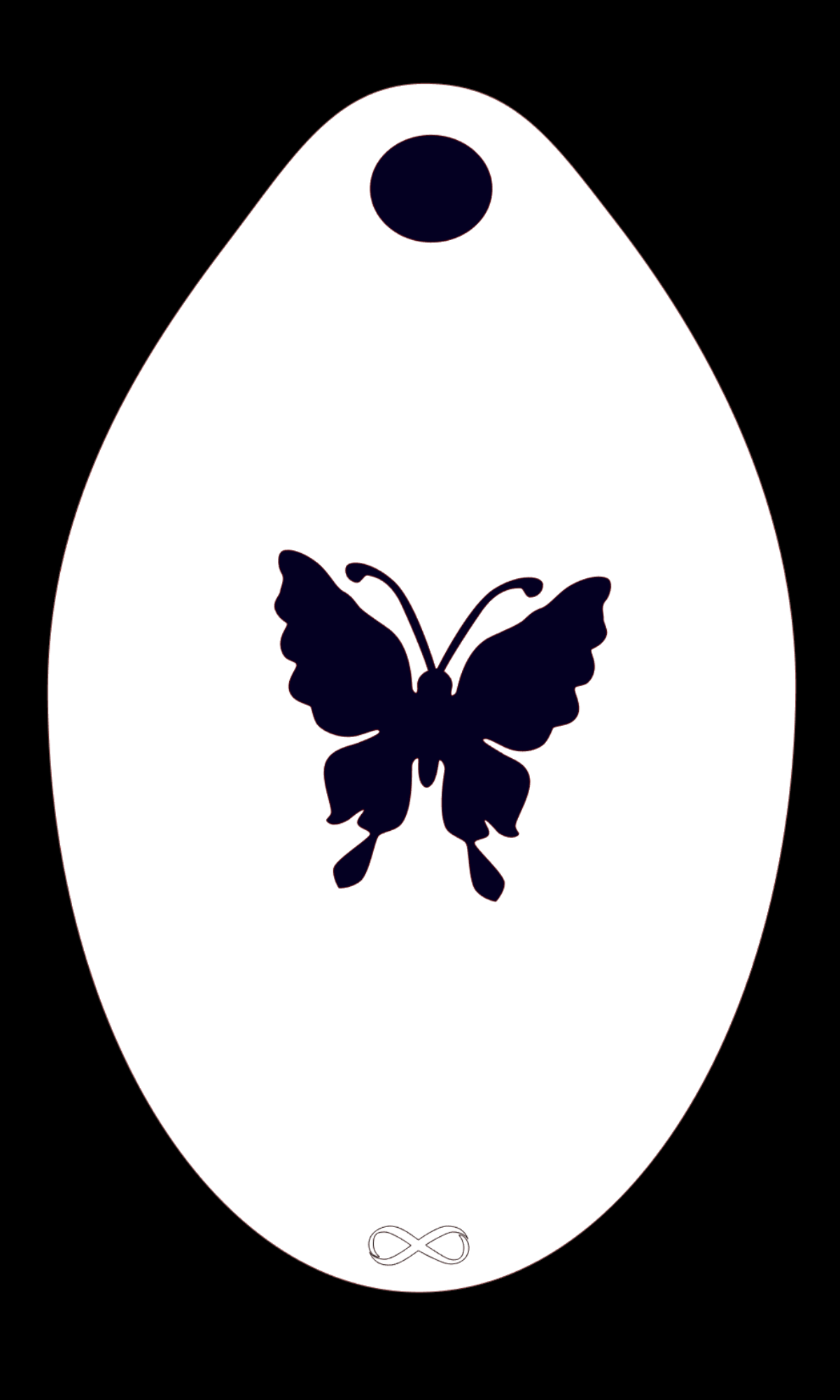 The Butterfly Stencil Body Art by Infinity Faces features a black butterfly silhouette on a reusable PET stencil with a white oval background. A small black circle at the top and an infinity symbol at the bottom complete the design.