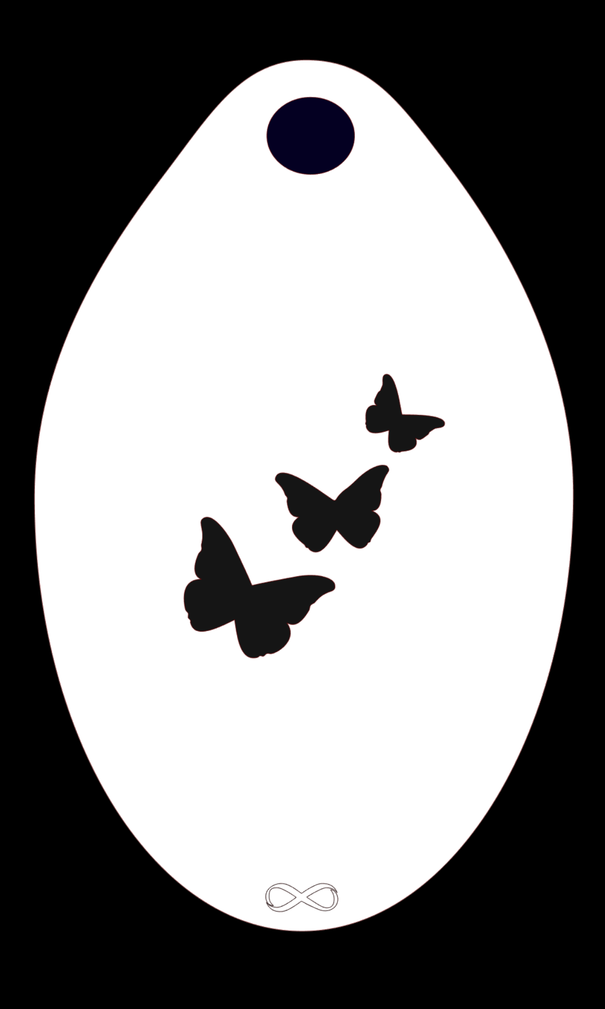 The Butterflies 3 Stencil Body Art by Infinity Faces is a white, oval-shaped stencil with a small dark circle near the top, three black butterfly silhouettes in the center, and an infinity symbol at the bottom, set against a deep black backdrop. Perfect for creating graceful face painting designs.