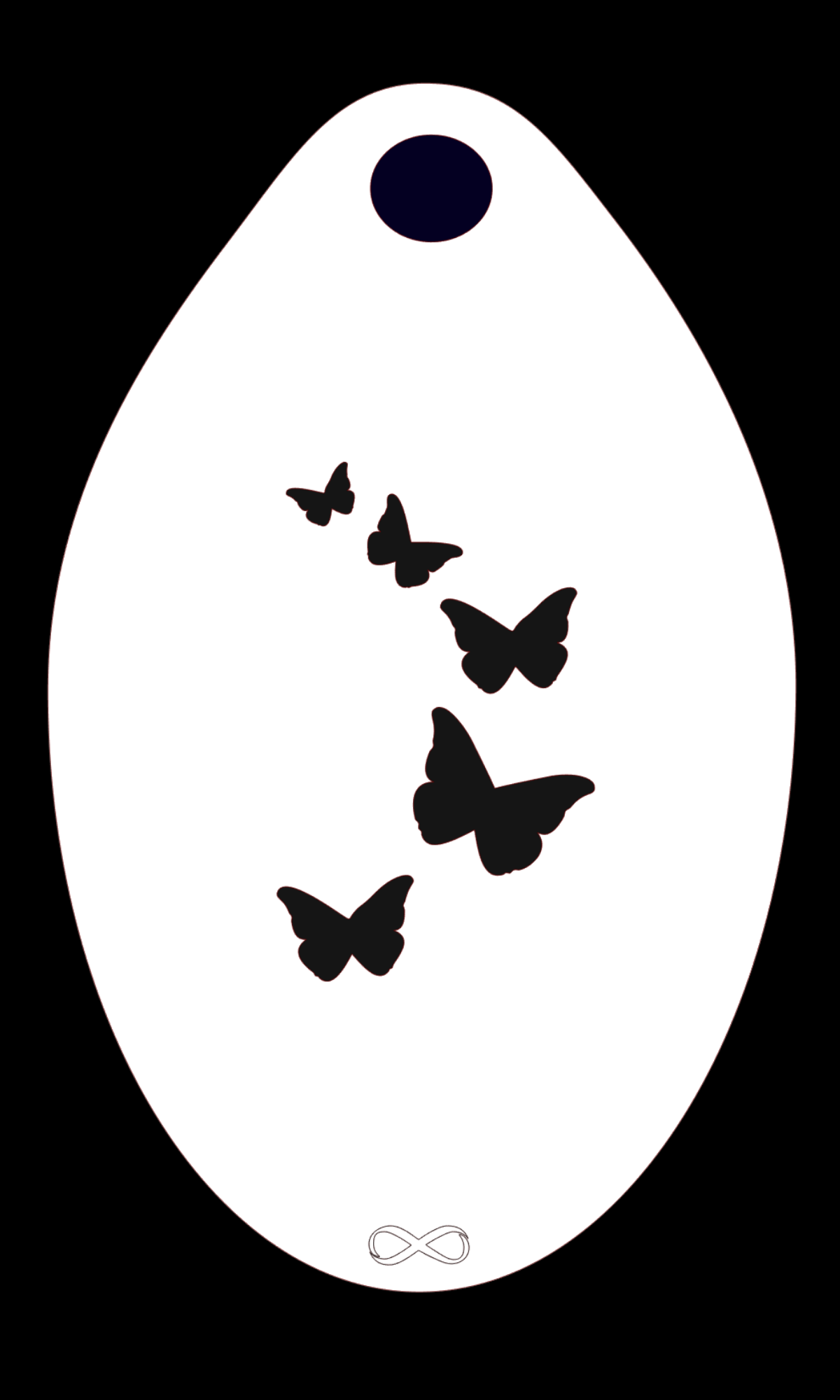 The Butterflies 5 Stencil Body Art by Infinity Faces is an oval white shape made from PET material with a small black circle at the top, and features varying black butterflies. An infinity symbol graces the bottom, perfect for reusable stenciling in face painting designs.