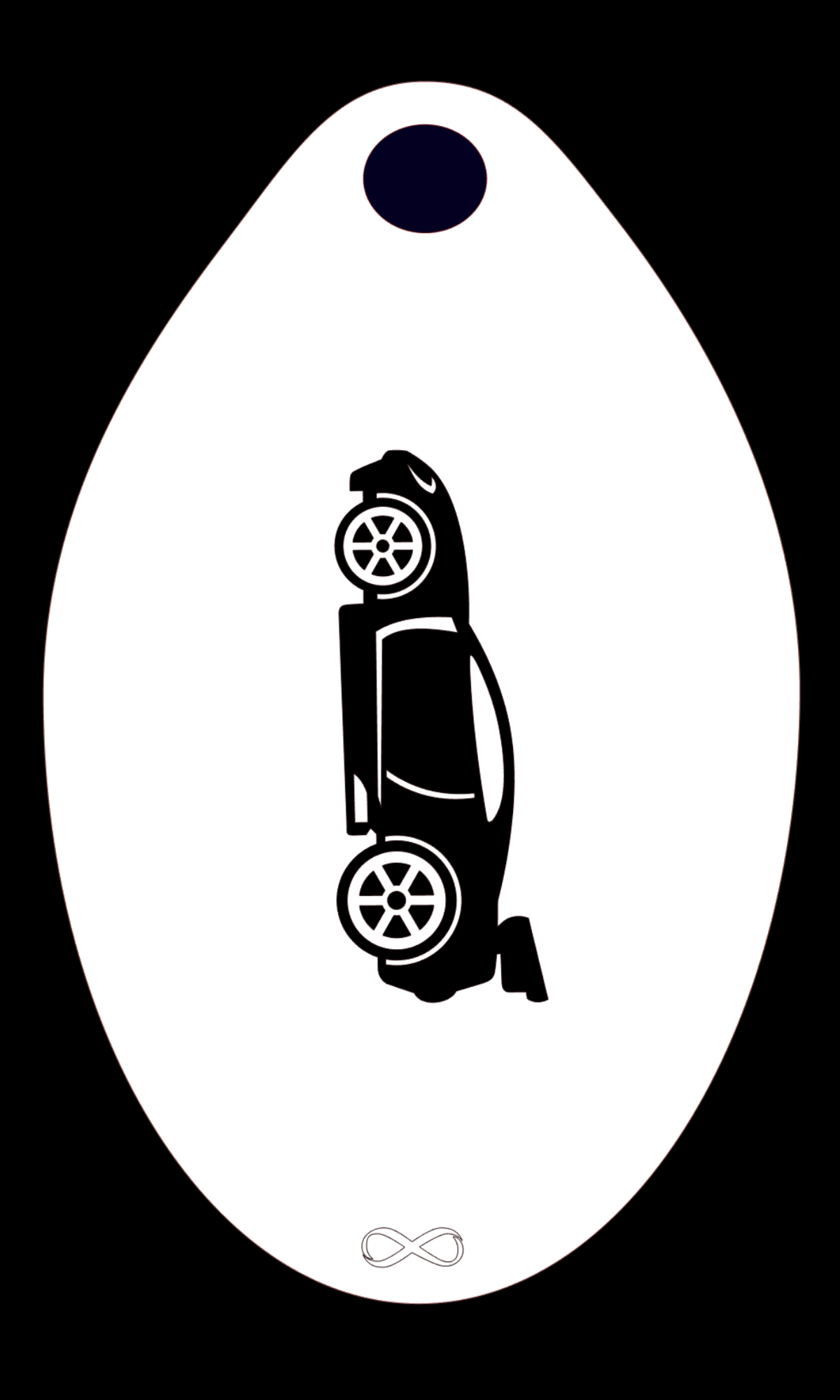 The Car Face Stencil Body Art by Infinity Faces is a reusable stencil featuring a black car silhouette centered vertically on an egg-shaped white background with a small dark circle at the top and an infinity symbol at the bottom, ideal for face painting and creative projects.
