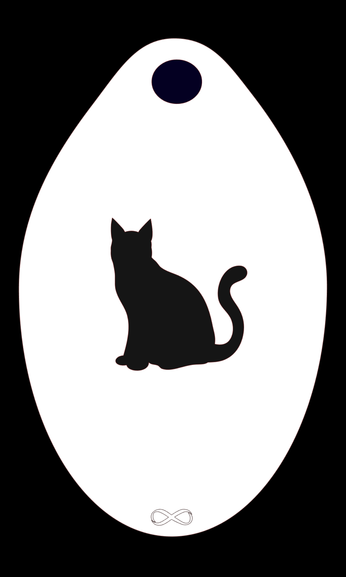 The Cat Stencil Body Art from Infinity Faces features a black sitting cat silhouette in an oval design on a white reusable stencil, with a small black oval at the top and an infinity symbol at the bottom, perfect for face painting. The cats tail is playfully curled upwards.