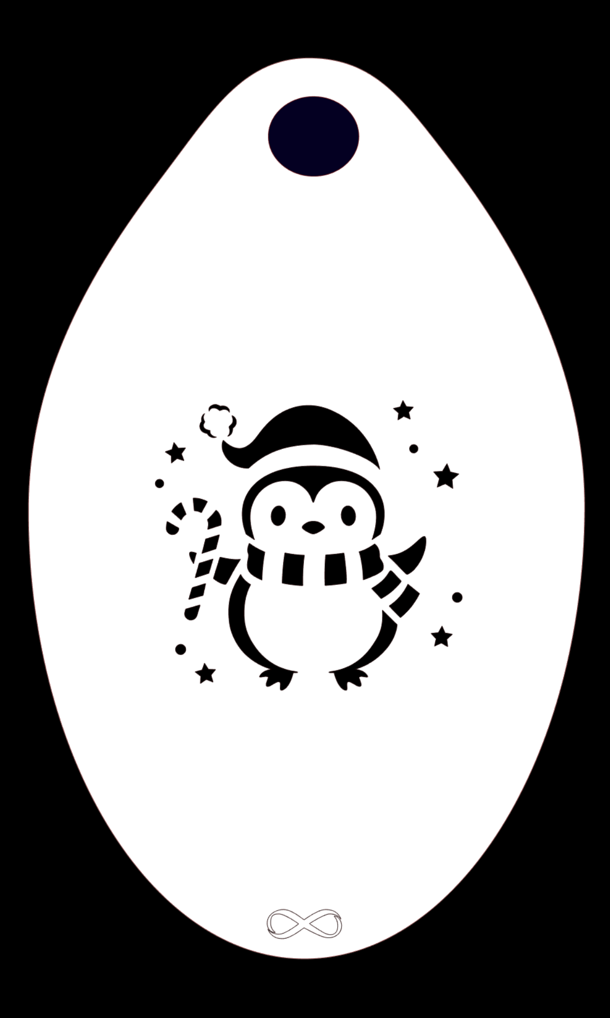 The Christmas Penguin Stencil Body Art by Infinity Faces features a black and white illustration of a cute penguin in a winter hat and scarf with a candy cane, surrounded by stars. Ideal for face painting fans or as a reusable stencil for holiday crafts!.
