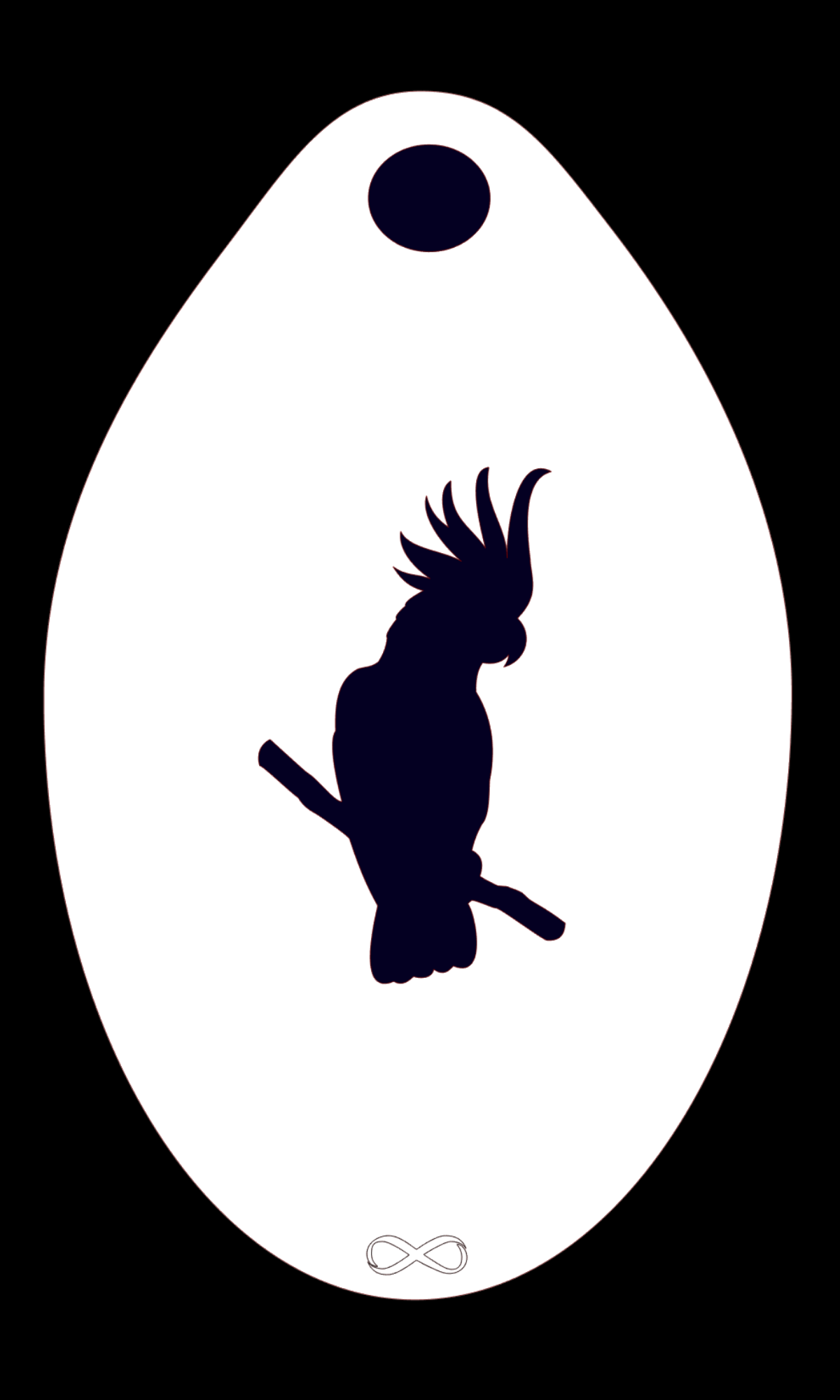 The Cockatoo Stencil Body Art by Infinity Faces showcases a bird with a crest on a branch against a white oval and black backdrop. This reusable stencil has a small black oval at the top and an infinity symbol below, perfect for face painting or pet material projects.