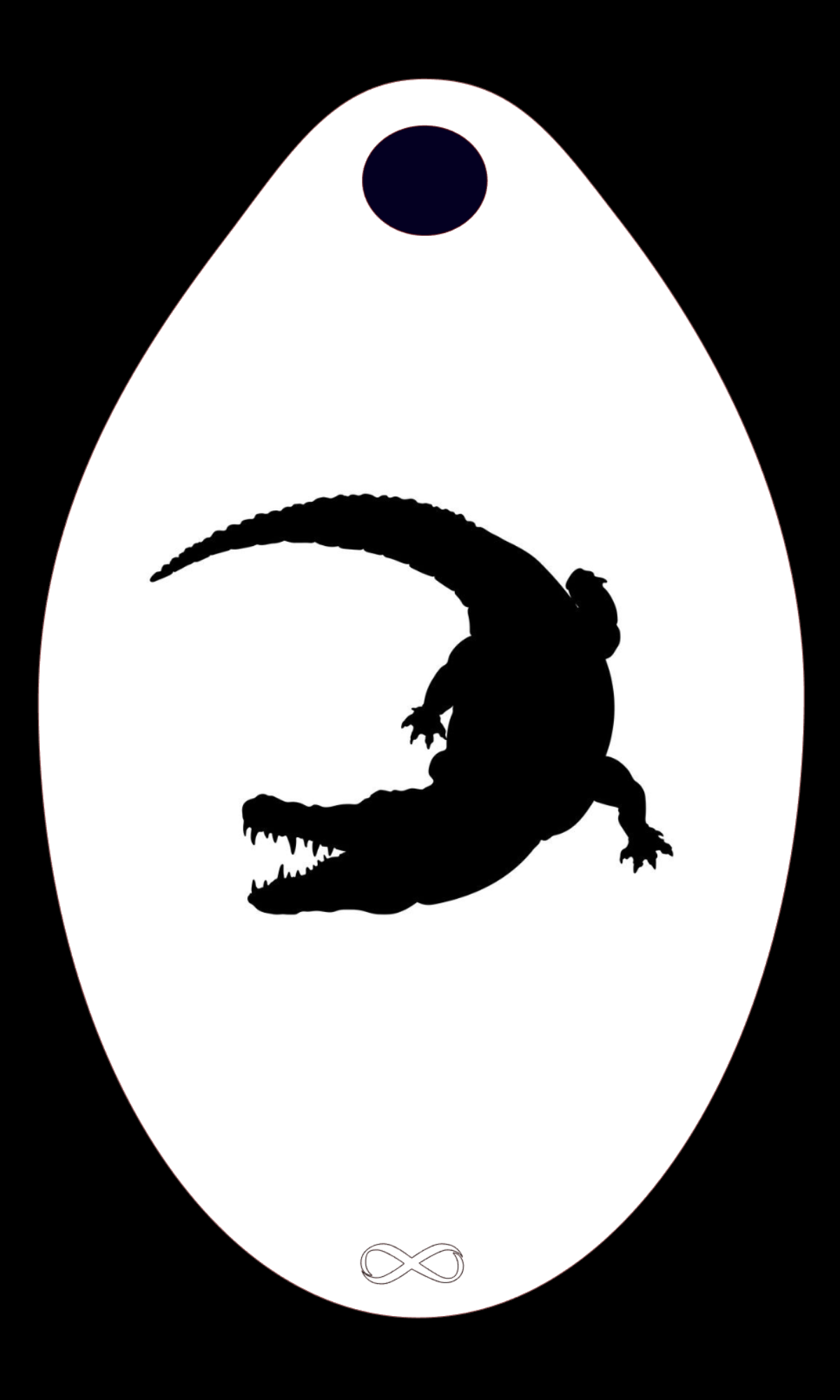 The Crocodile Stencil Body Art by Infinity Faces features a crocodile silhouette inside an oval, flanked by a circle and infinity symbol on a black background. Ideal for face painting, it creates detailed designs with lasting impressions. Perfect as a reusable stencil.