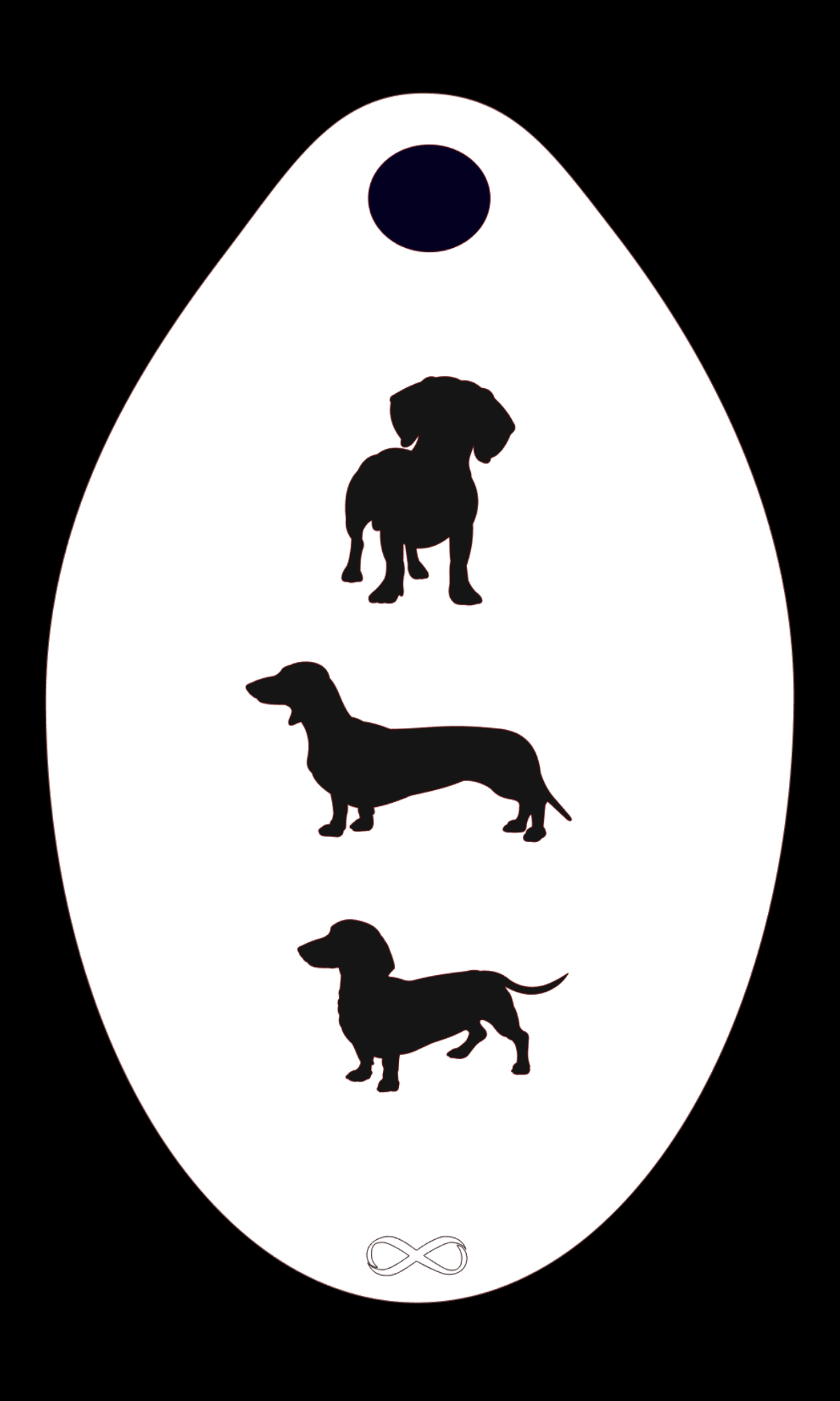 The Dogs Three Stencil Body Art by Infinity Faces features black silhouettes of a Mastiff, Dachshund, and Beagle vertically stacked in an oval on a white reusable stencil, ideal for face painting or crafts.