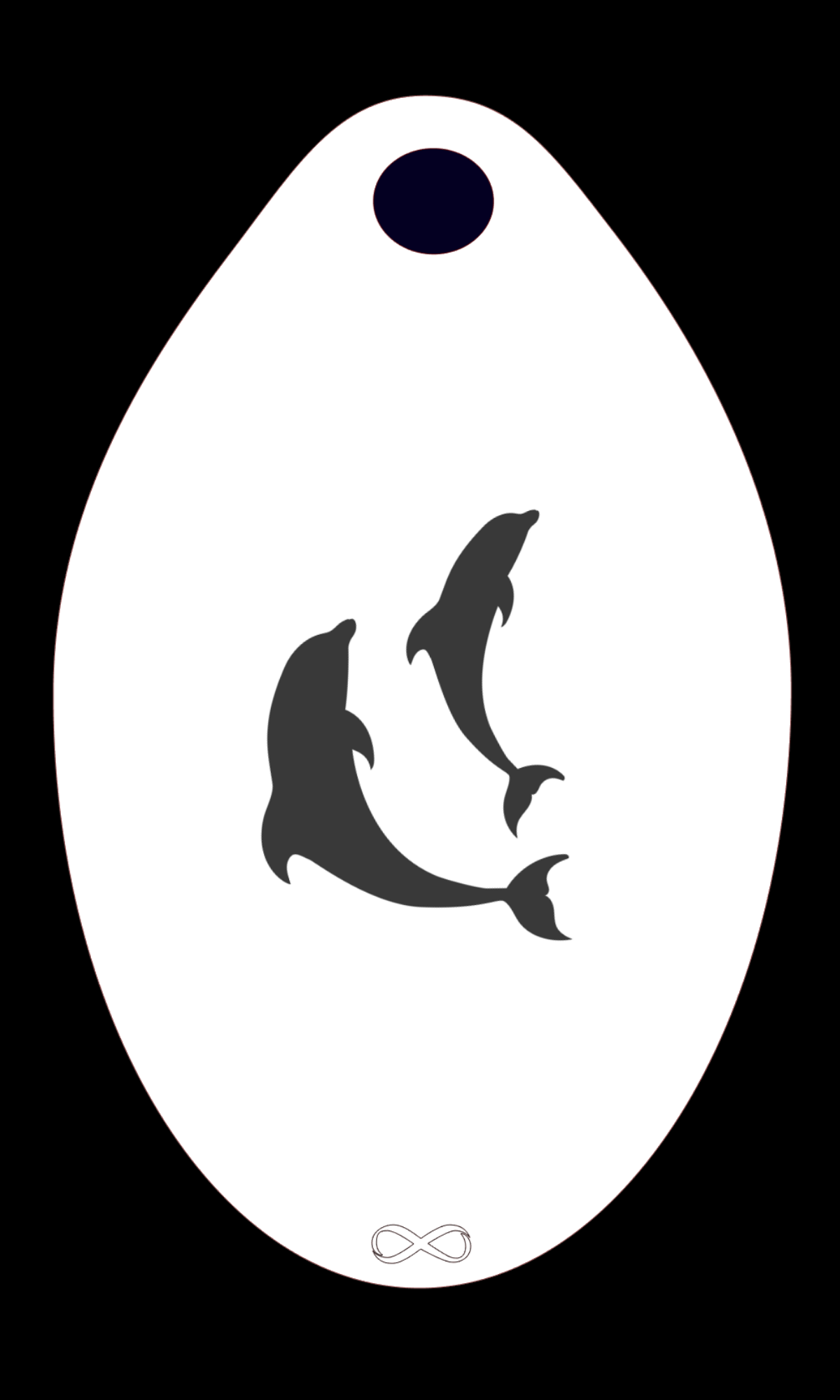 The Dolphins 2 Stencil Body Art by Infinity Faces features a white oval design with two gray dolphins jumping in opposite directions. It includes a small black oval at the top and an infinity symbol at the bottom, crafted using a reusable stencil for precision.