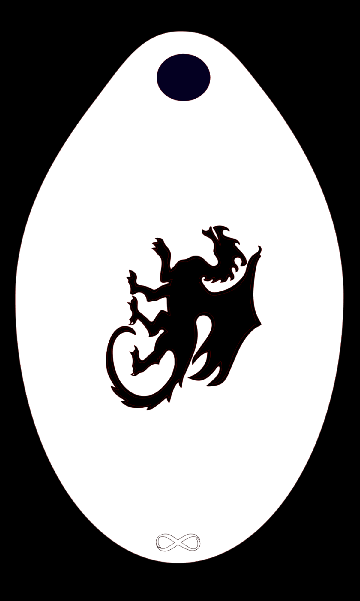 The Dragon Walking Stencil Body Art by Infinity Faces features a black dragon silhouette with wings and a curled tail. It rests on a white reusable stencil against an oval background, topped with a small black oval and anchored by an infinity symbol—ideal for face painting or crafts.