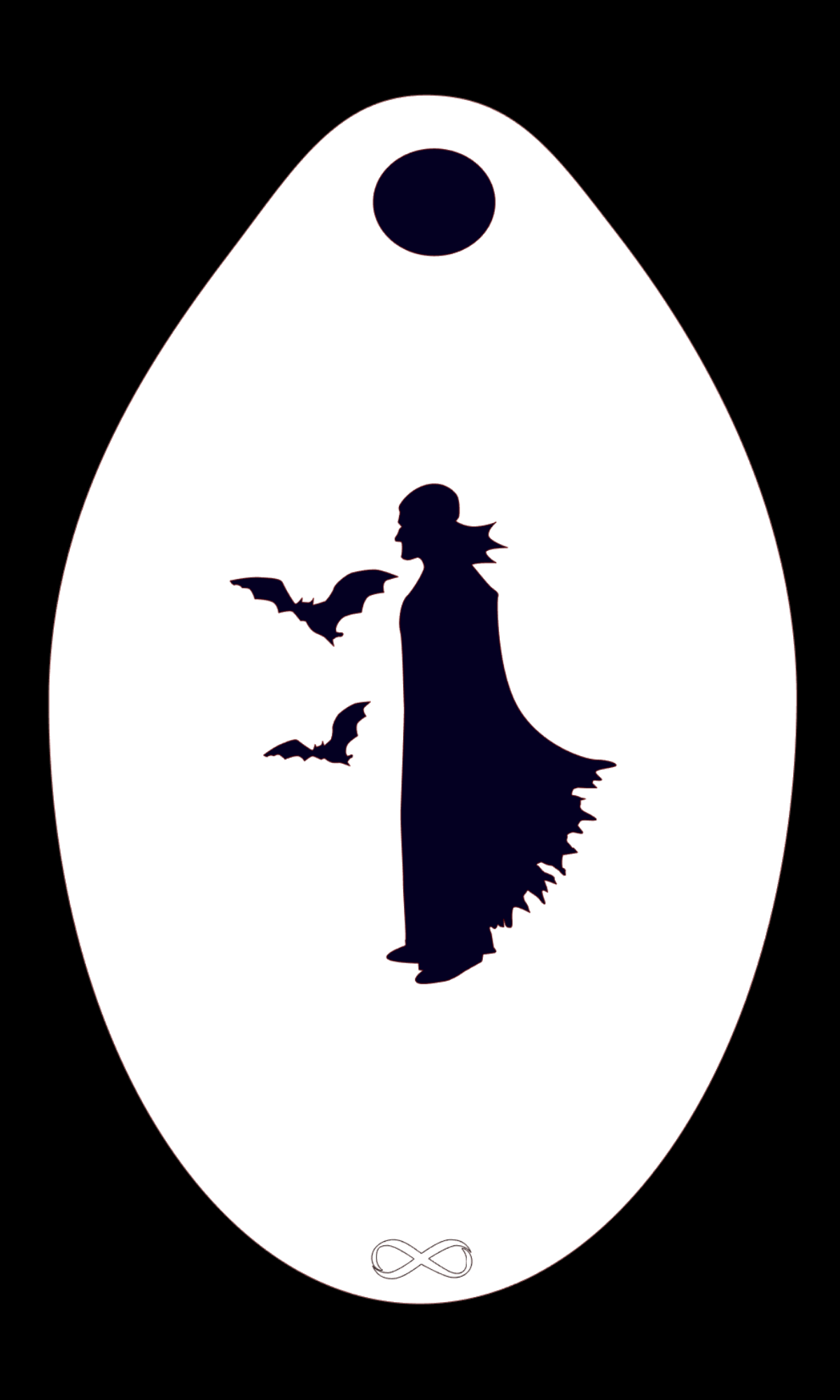The Dracula Stencil Body Art by Infinity Faces features a caped figure with bats, ouija board-shaped, crafted from PET material. It includes a top circular indicator and bottom infinity symbol, perfect for face painting designs using this reusable white stencil.