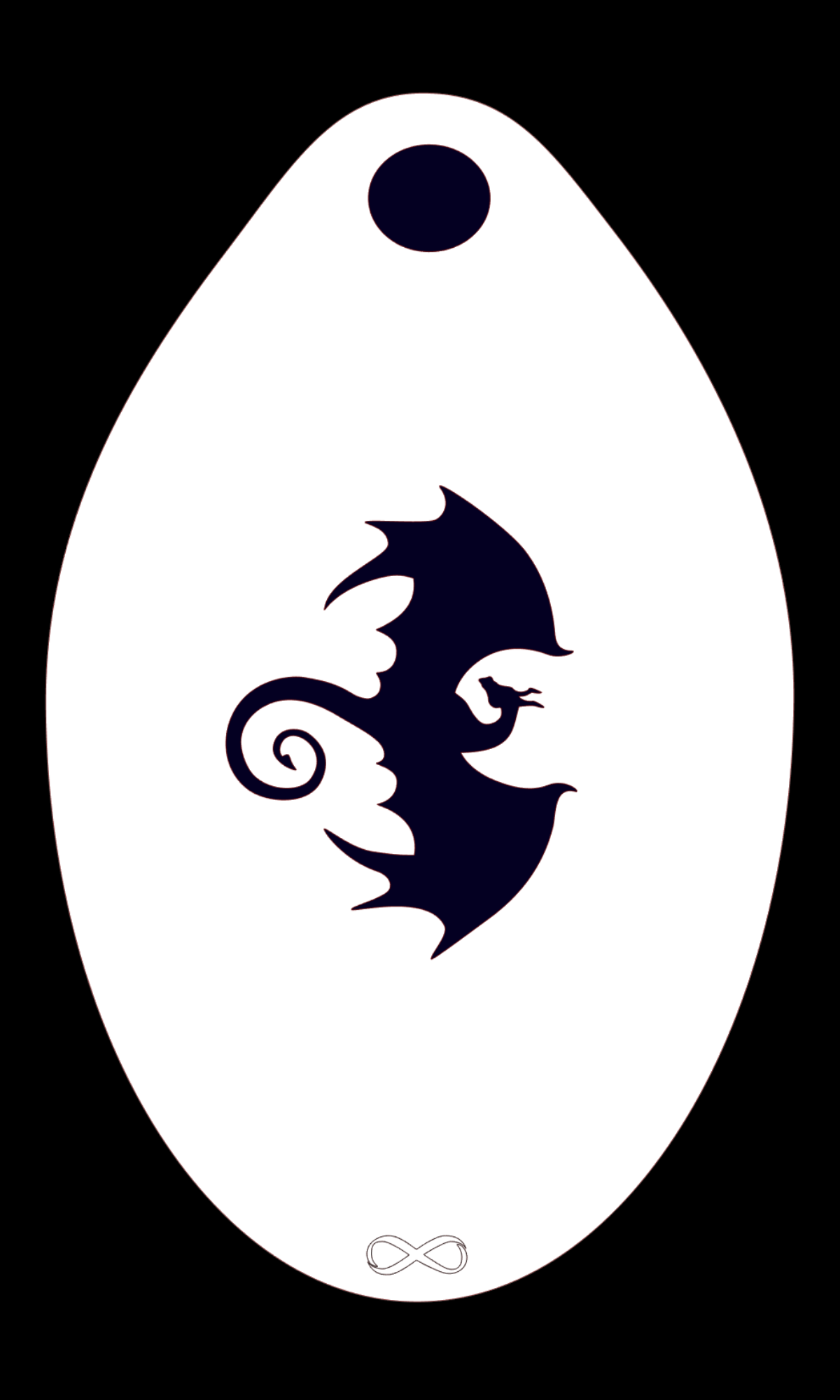 The Dragon 1 Stencil Body Art by Infinity Faces showcases an oval shape with a central stylized dragon silhouette, spiral tail, wings against a white background, accented with a small black circle at the top and an infinity symbol at the bottom—ideal for face painting with this reusable white stencil.