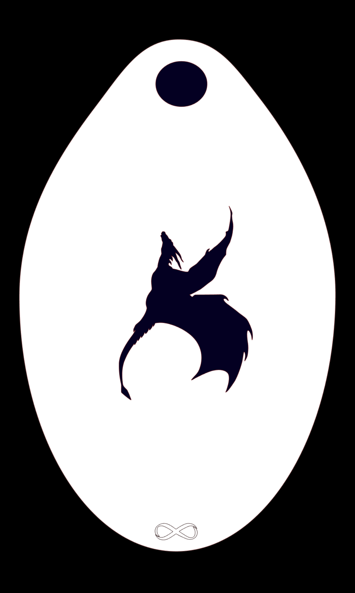 A white oval stencil from Infinity Faces, named Dragon 2 Stencil Body Art, showcases a black dragon silhouette with outstretched wings and an upward-facing head. Perfect for face painting, it includes a small black oval at the top and an infinity symbol below.