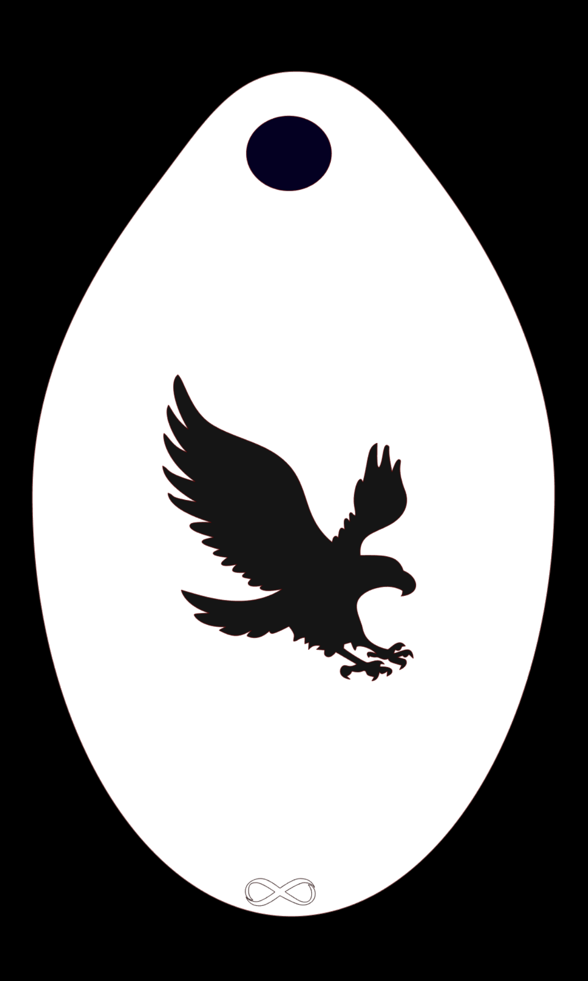 The Infinity Faces Eagle Walking Stencil Body Art showcases a black eagle silhouette with outstretched wings, centered on a white, bendable plastic reusable stencil. It features a small dark oval at the top and an infinity symbol at the bottom.