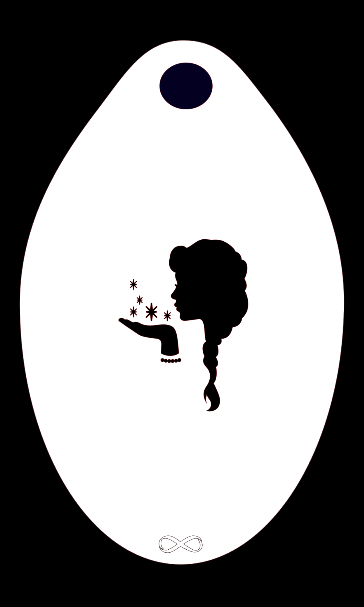 The Princess 1 Stencil Body Art by Infinity Faces features a silhouette of a woman with braided hair blowing snowflakes from her hand on a white reusable oval stencil with an infinity symbol at the base and a small black circle near the top.