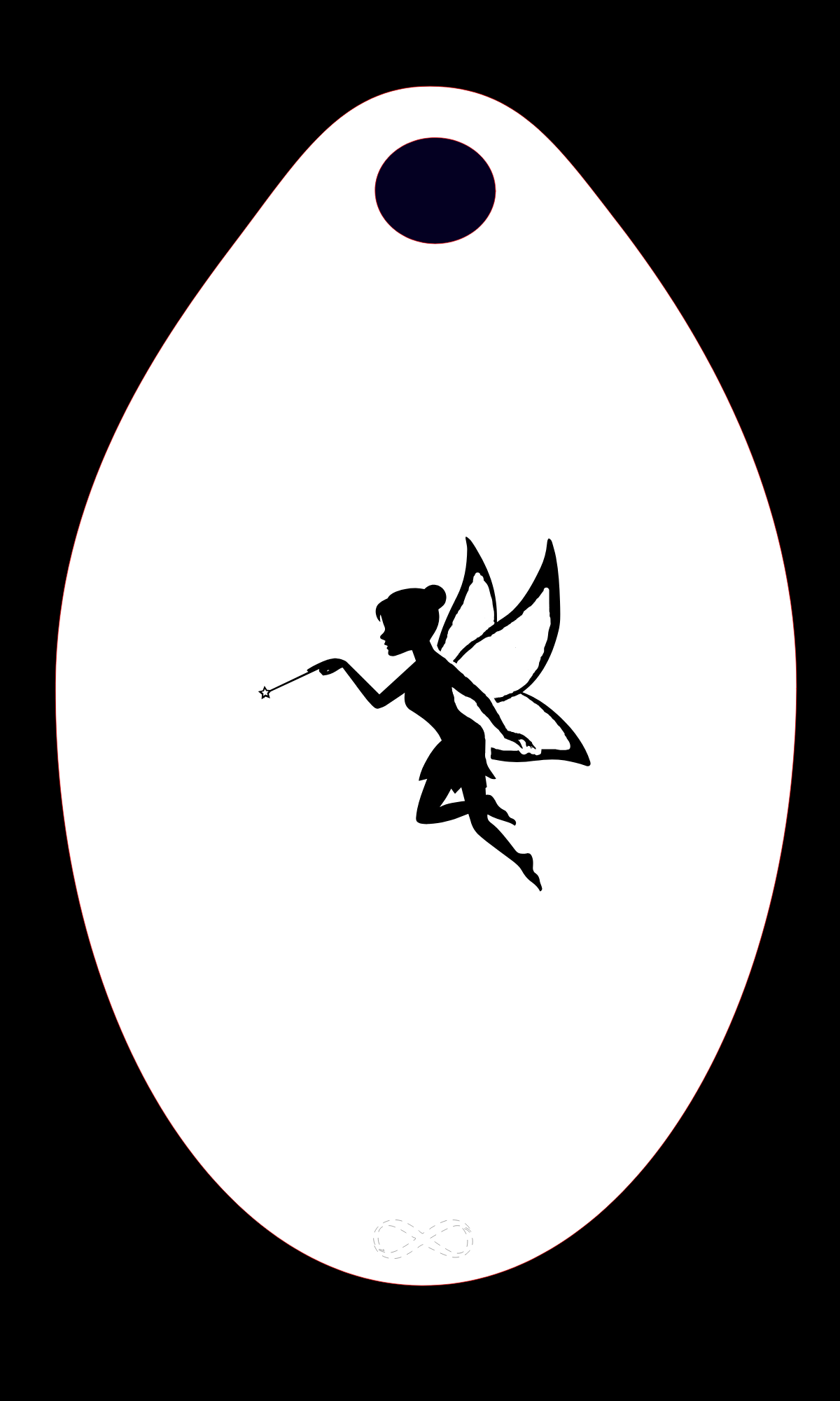 The Infinity Faces Fairy Stencil Body Art features a fairy silhouette with wings and a wand on a white teardrop-shaped reusable stencil, complete with a small black oval at the top.