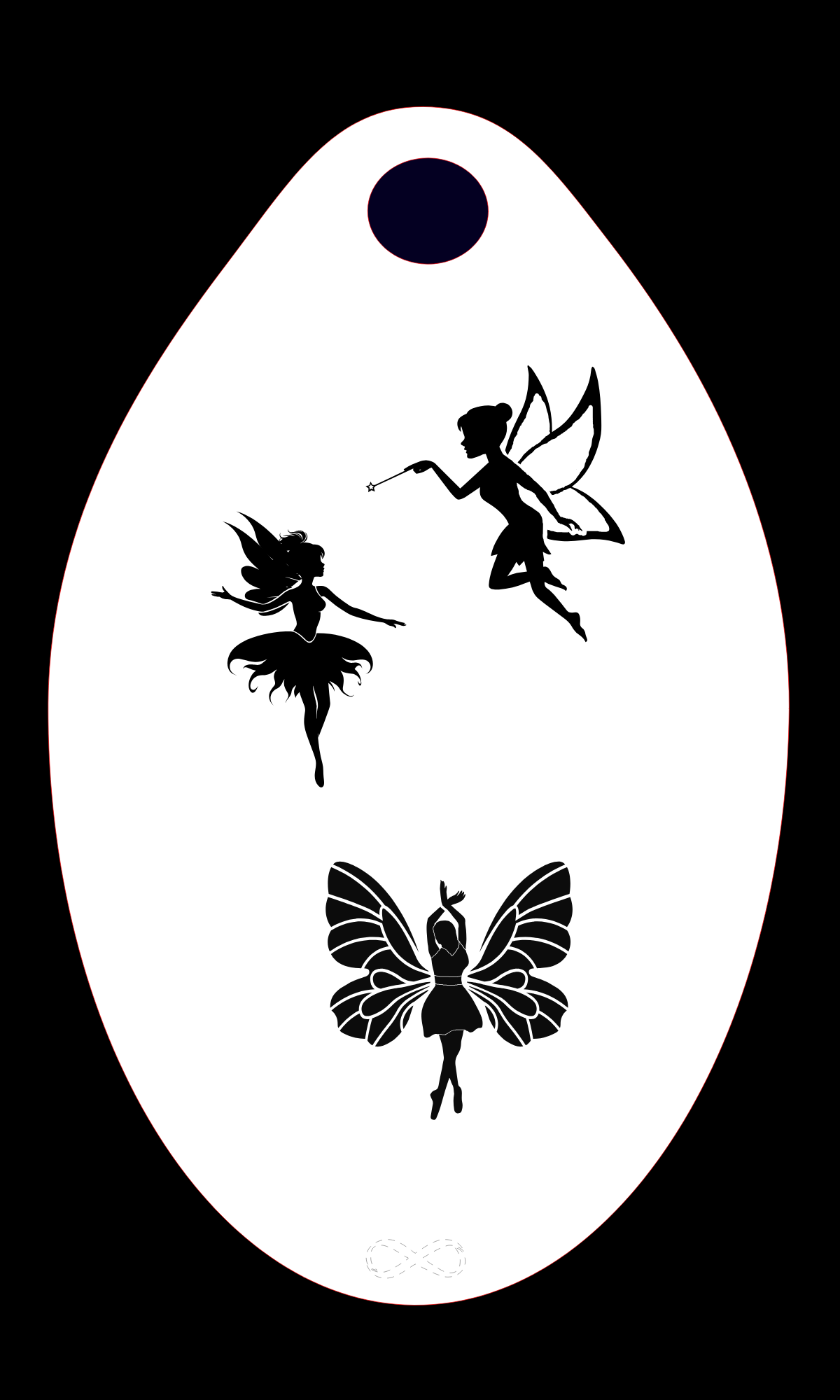 The Fairies 3 Stencil Body Art by Infinity Faces decorates a white surfboard with three black fairy silhouettes: one flying with wings and a wand at the top, another hovering with wings spread wide, and the last dancing gracefully at the bottom.