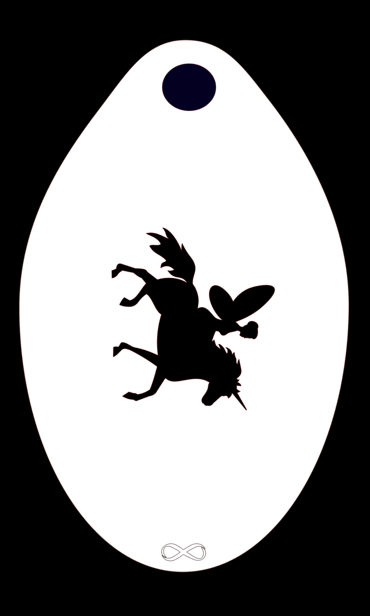 The Fairy Unicorn Stencil Body Art by Infinity Faces features a unicorn rearing against a teardrop-shaped, bendable plastic background. It includes an infinity symbol at the bottom and a dark oval at the top, ideal for face painting enthusiasts using this white reusable stencil.