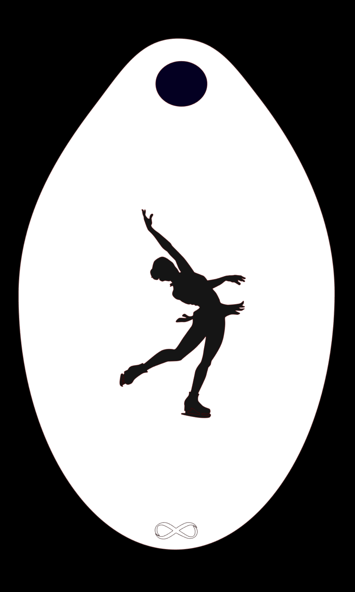 The Infinity Faces Figure Skater Stencil Body Art features a silhouette of a skater in an elegant pose with extended arms on a reusable white stencil with curved edges. A black oval locket hole and an infinity symbol crafted from bendable plastic are included.