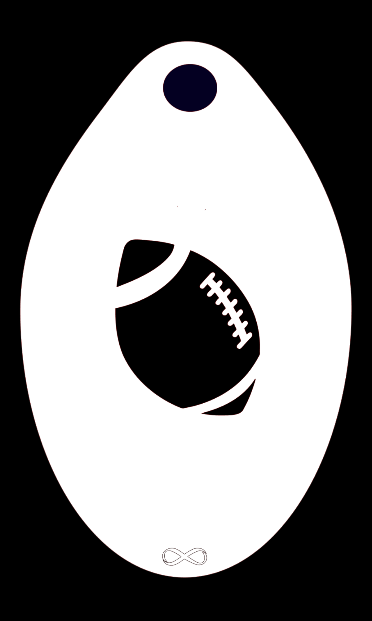 The Football Stencil Body Art by Infinity Faces features a stylized minimalist design of an American football with curved lines and laces on a white oval, topped with a small black circle, crafted from bendable plastic.