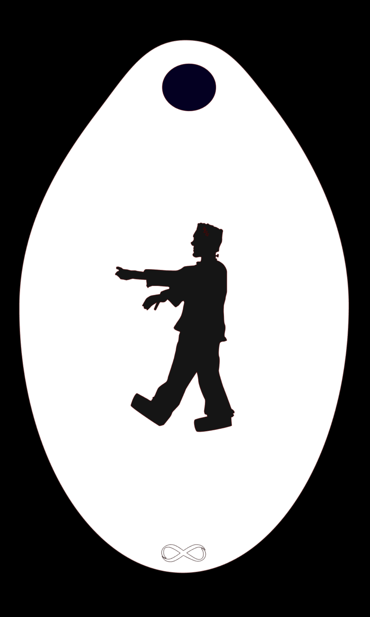 A Frankenstein-like silhouette extends its arms at the center of a white, teardrop-shaped planchette made from flexible plastic, with a black circle on top against a dark background. Product: Frankenstein Stencil Body Art by Infinity Faces.