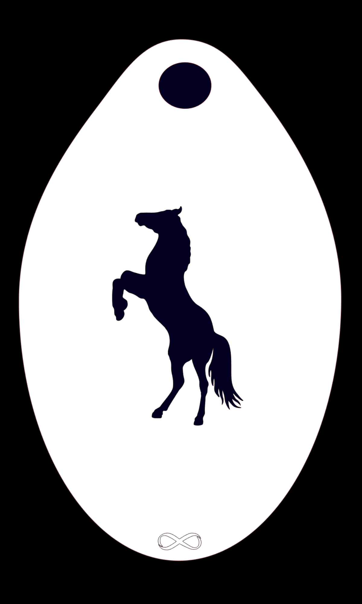 The Horse on Back Legs Stencil Body Art by Infinity Faces showcases a dark horse silhouette on a durable PET, teardrop-shaped shield with an oval top and infinity symbol bottom, ideal for reusable face painting or creative projects.