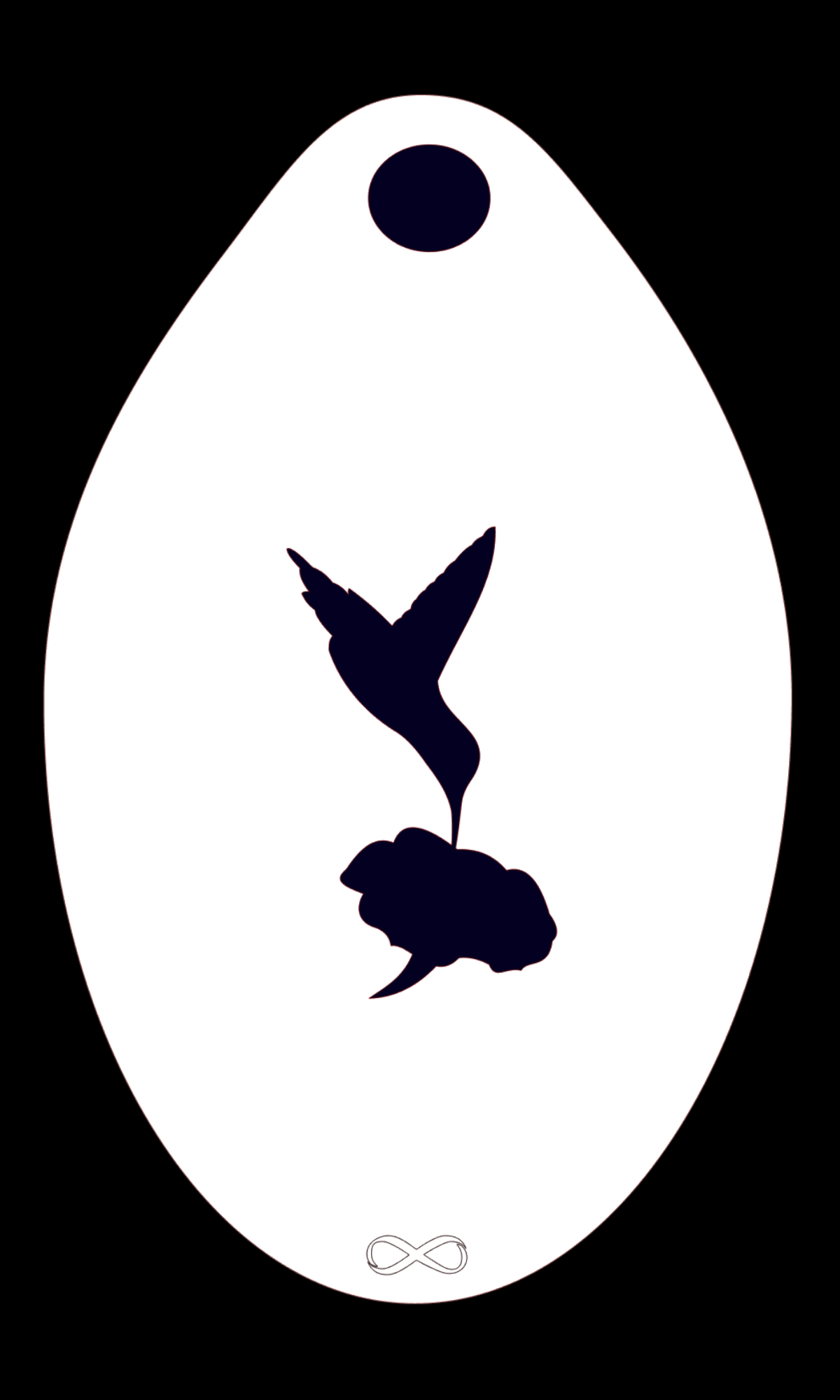 The Hummingbird Stencil Body Art by Infinity Faces showcases a minimalist white oval with a leaf-like silhouette sprouting from soil. Crafted from bendable plastic, its elegant form features an oval top and a small infinity symbol at the bottom against a black background.