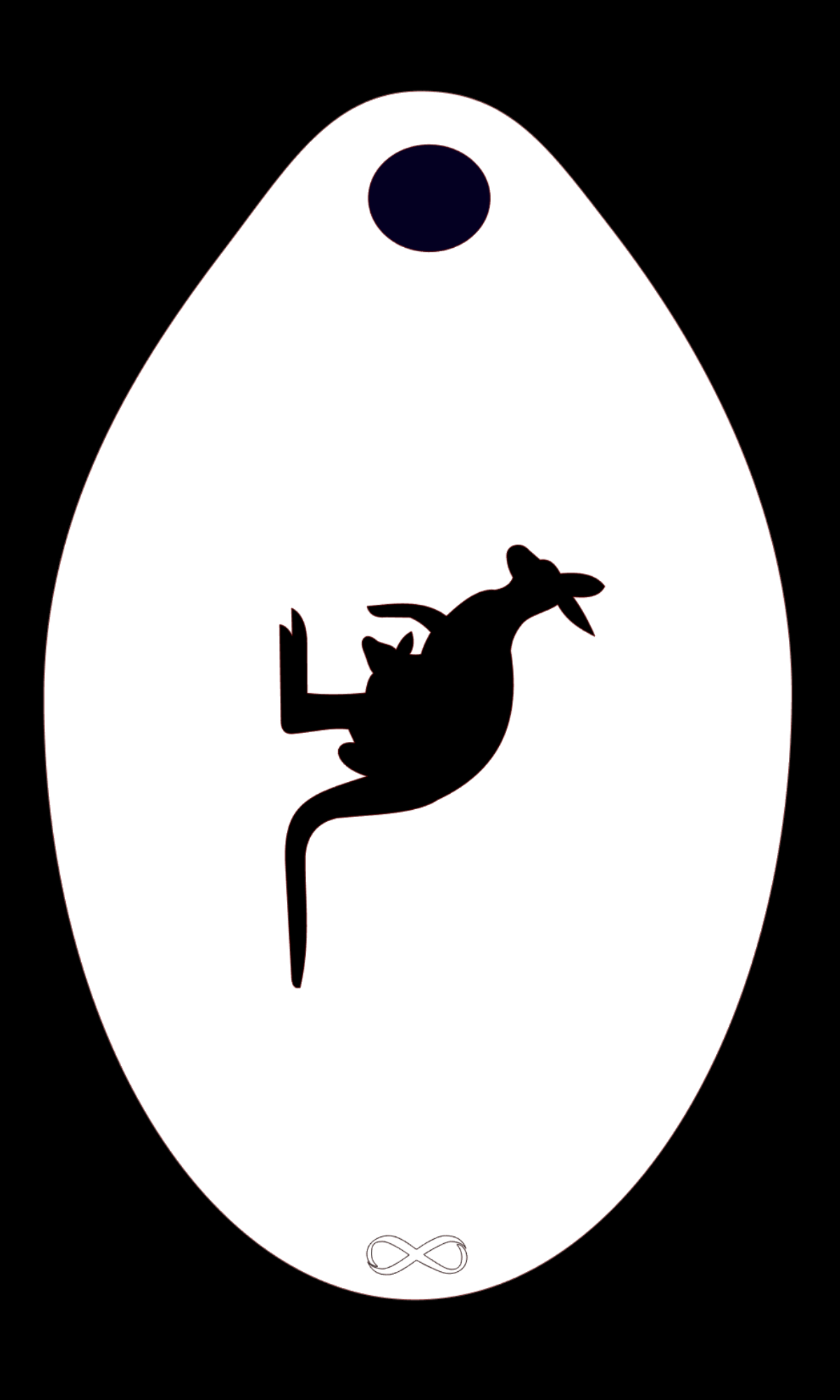 The Kangaroo Stencil Body Art by Infinity Faces features a stylized silhouette of a kangaroo with a joey, centered on an oval white background. A small black circle at the top and an infinity symbol at the bottom enhance its timeless design.