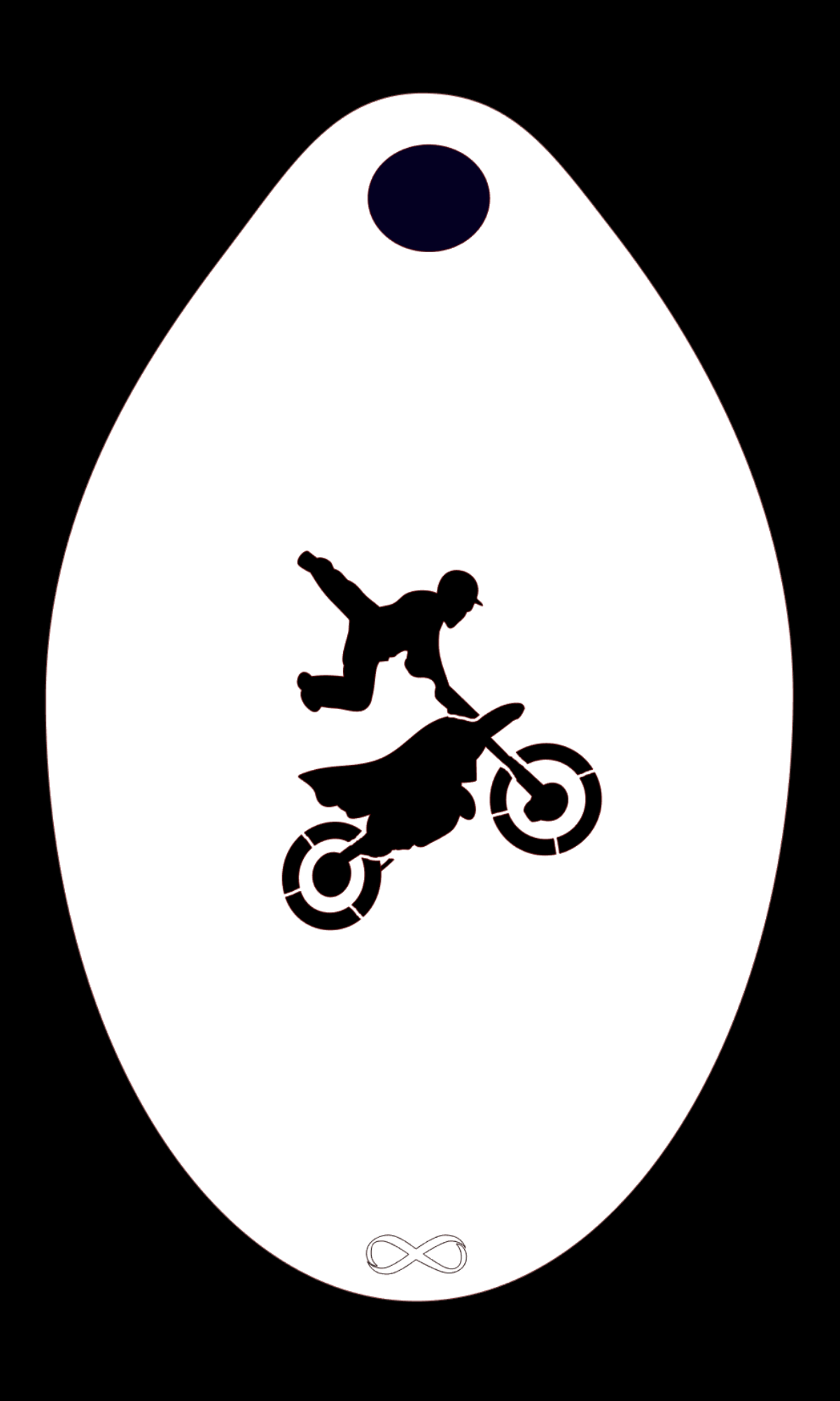 The Motorcyclist Stencil Body Art by Infinity Faces is an oval-shaped, PET material stencil that features a silhouette of a person performing a motorcycle stunt on a white background, with a small black oval at the top.