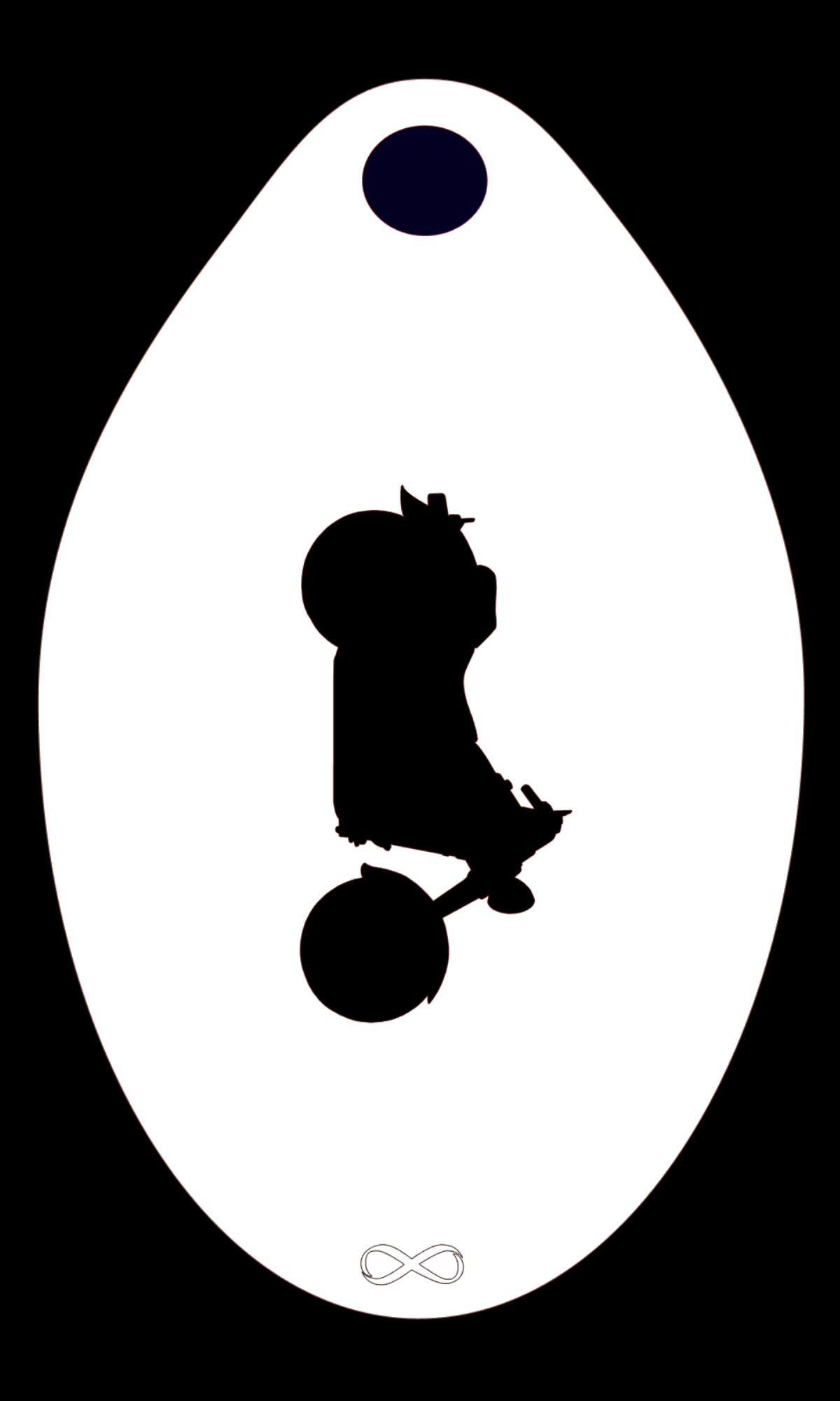 A cartoon character silhouette on a unicycle appears upside down within a white teardrop frame, with a small black circle at the top and an infinity symbol at the bottom. Ideal for face painting, Infinity Faces Motorcycle Stencil Body Art set is perfect against a stark black background.