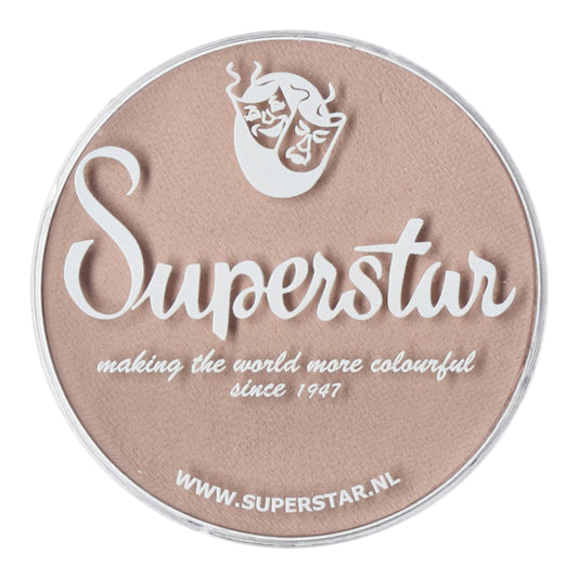 Light brown round container from Infinity Faces featuring Superstar in white script with theatrical masks above. Below, it says, making the world more colourful since 1947. Showcasing cruelty-free Face Paint & Body Paint Aqua Superstar. Visit us at www.superstar.nl.