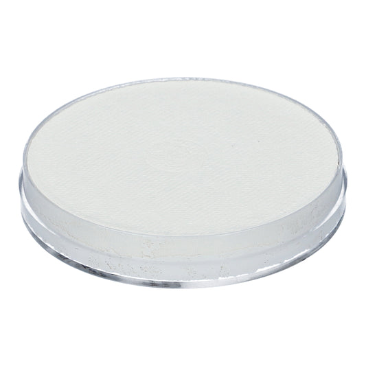 An elevated view of a clear, round petri dish containing a white, opaque substance, reminiscent of the smooth consistency found in Infinity Faces Face Paint & Body Paint Aqua Superstar - White (45gr), celebrated for its high-quality, cruelty-free, water-based formulation.
