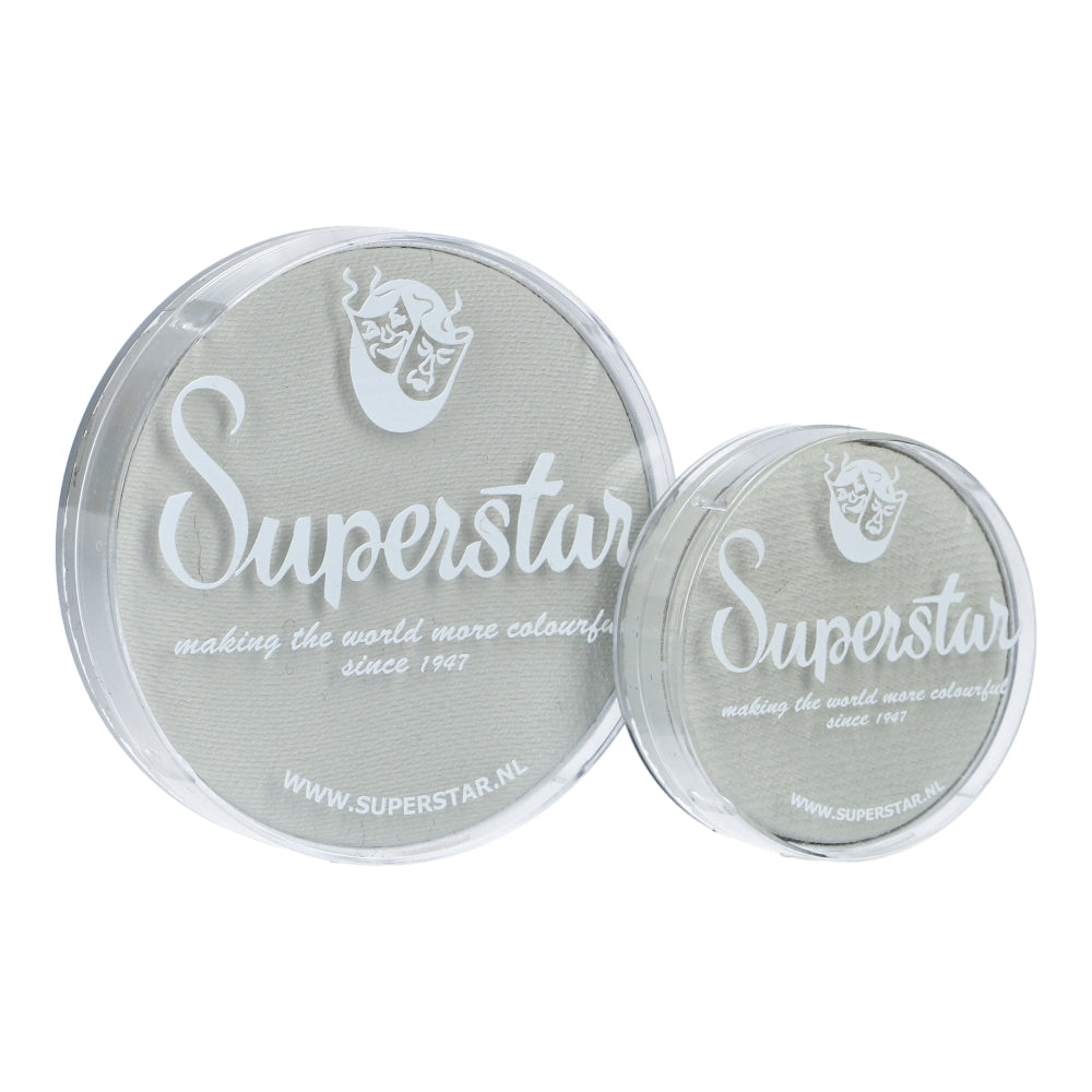 Two containers featuring the Infinity Faces logo and design, with making the world more colorful since 1947 text, showcasing their cruelty-free Aqua Face & Body Paint that adheres to European Cosmetics Legislation. Visit www.superstar.nl for more on Face Paint & Body Paint Aqua Superstar - Skull (16gr).