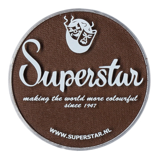 A brown circle features Superstar in white cursive, an artistic face design above, and the slogan making the world more colorful since 1947 with the URL WWW.SUPERSTAR.NL below. Infinity Faces products are cruelty-free and include water-based options like their Superstar Aqua Chocolate Face Paint (16g).
