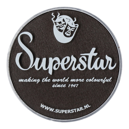 A black round logo displays Superstar in large cursive font with the tagline, making the world more colourful since 1947. At the bottom is www.superstar.nl, offering child-friendly Face Paint & Body Paint Aqua Superstar - Dark brown (45gr) by Infinity Faces.