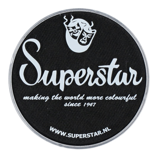 A round black lid features Superstar in white script with a white stylized face above, and text below stating making the world more colourful since 1947 and www.superstar.nl. This cruelty-free, water-based makeup suits all your Infinity Faces Aqua Face & Body Paint needs.