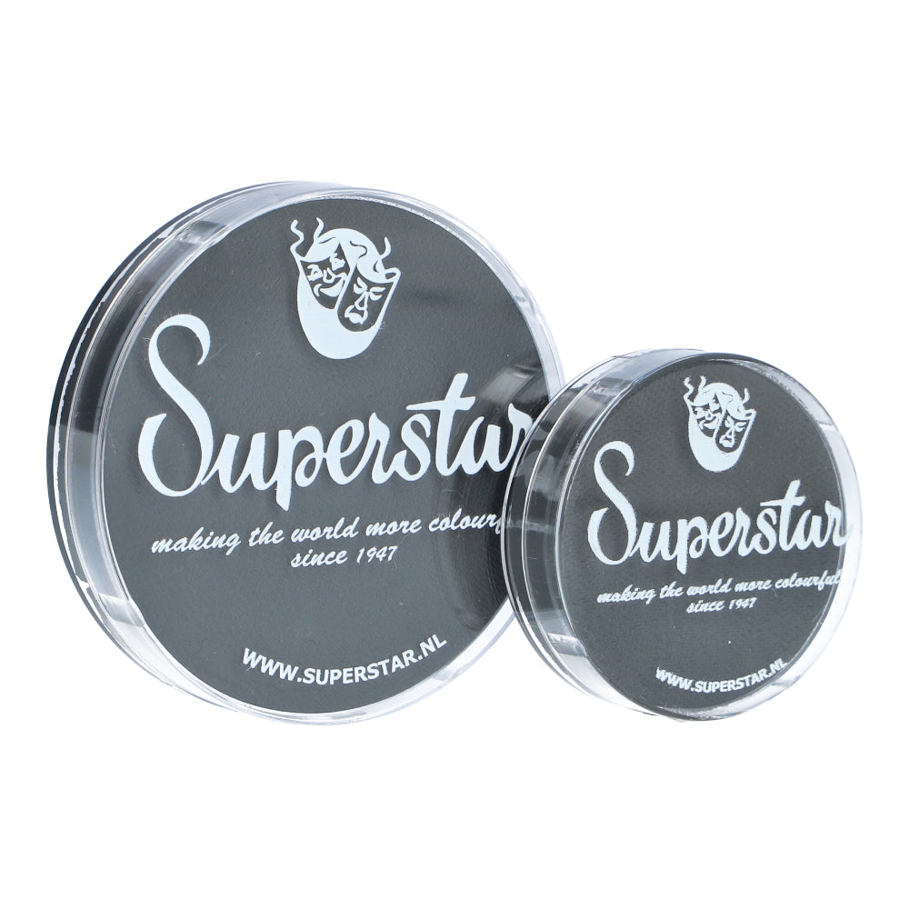 Two circular containers with black lids feature the Infinity Faces logo and a mask design. Below is the tagline: making the world more colourful since 1947. Displayed are various sizes of Aqua Superstar Face and Body Paint, child-friendly. A website URL is on the larger lid.