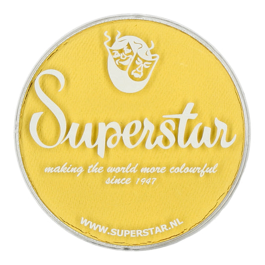 The round yellow container features Superstar in bold white script, with making the world more colorful since 1947 below and theater masks above. Visit WWW.SUPERSTAR.NL for Infinity Faces’ Superstar Aqua Face and Body Paint, compliant with European Cosmetics Legislation and cruelty-free.