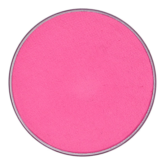 The Infinity Faces Face Paint & Body Paint Aqua Superstar in Bubblegum Pink (45gr) is displayed from above, revealing its bright pink, cruelty-free powder. The compact features a metallic outer rim, embodying style and a commitment to ethical beauty practices.