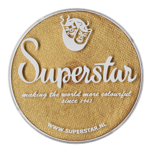 A round gold lid features Superstar in large white script, with making the world more colourful since 1947, and WWW.SUPERSTAR.NL below. A theatrical mask logo tops it, highlighting its cruelty-free, water-based makeup legacy: Face Paint & Body Paint Aqua Superstar - Gold (shimmer) by Infinity Faces.