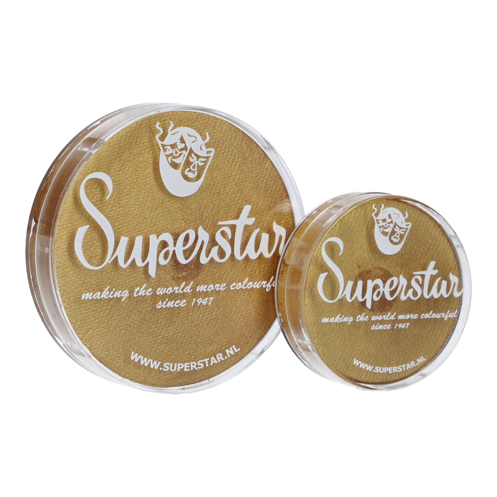 Two circular containers of Infinity Faces Face Paint & Body Paint Aqua Superstar Gold (shimmer) 45g feature the logo with a stylized face and read making the world more colourful since 1947. This cruelty-free, water-based makeup is available at superstars.nl.