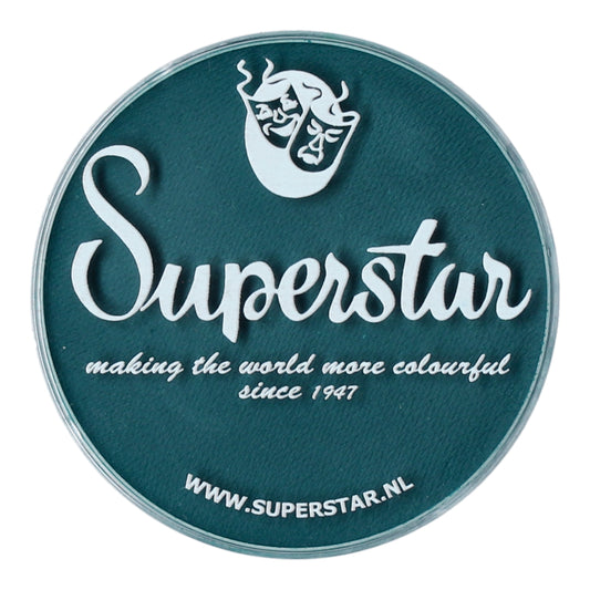 Teal circular logo with Superstar in script and a theatrical mask graphic. Features the slogan Making the world more colourful since 1947. Known for child-friendly, water-based makeup like Aqua Face and Body Paint. Visit WWW.SUPERSTAR.NL for Infinity Faces Petrol Blue (45gr).